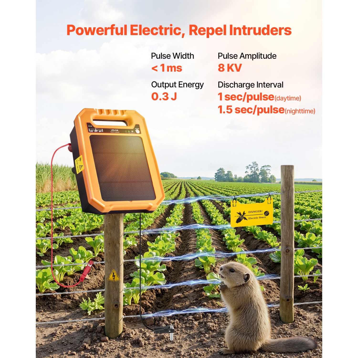 VEVOR 0.3J 8 kV Solar Fence Charger, Solar Powered Fence Charger, 1.86 Miles Range, Weather-Resistant Electric Fence Energizer Kit, 7 Days Runtime,