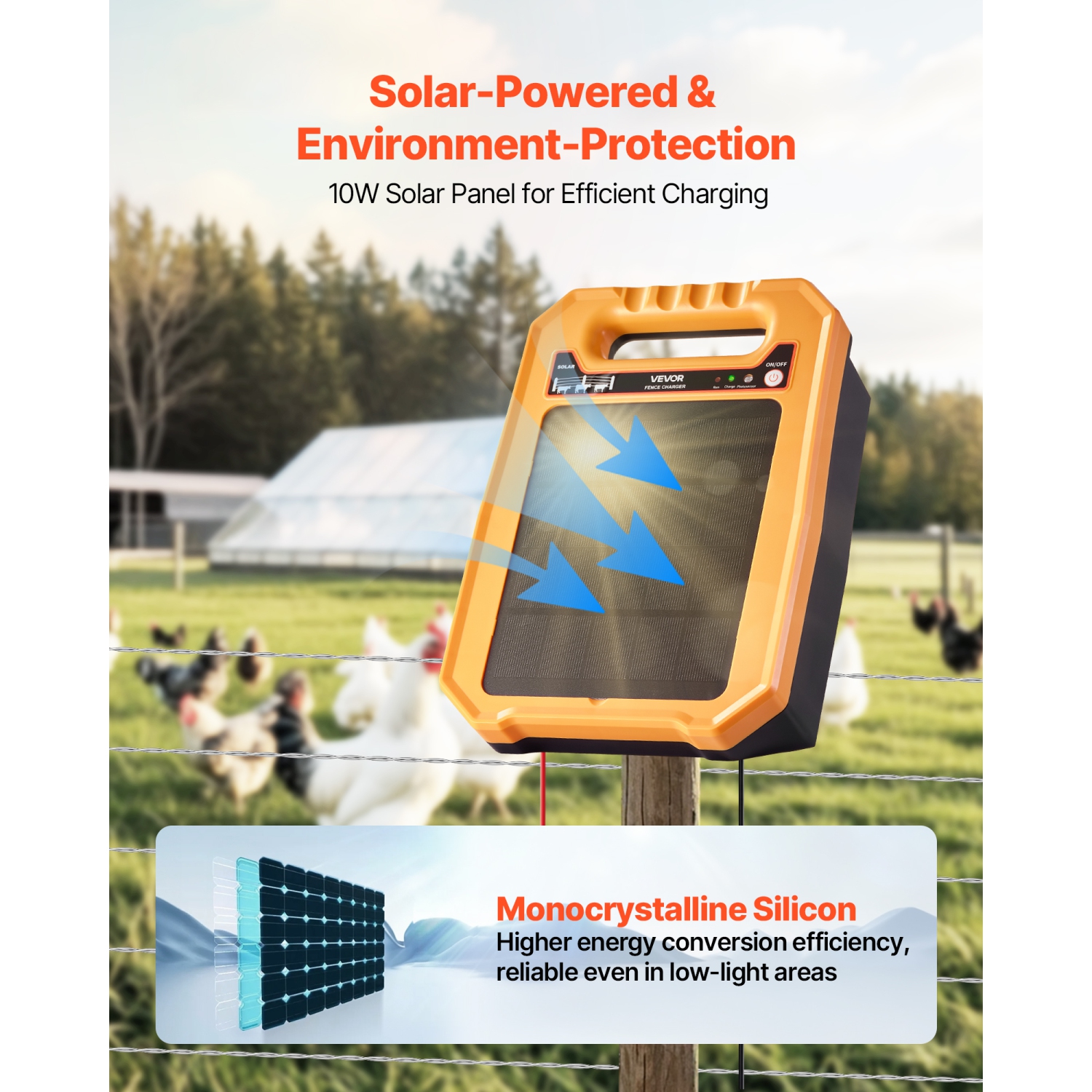 VEVOR 0.3J 8 kV Solar Fence Charger, Solar Powered Fence Charger, 1.86 Miles Range, Weather-Resistant Electric Fence Energizer Kit, 7 Days Runtime,