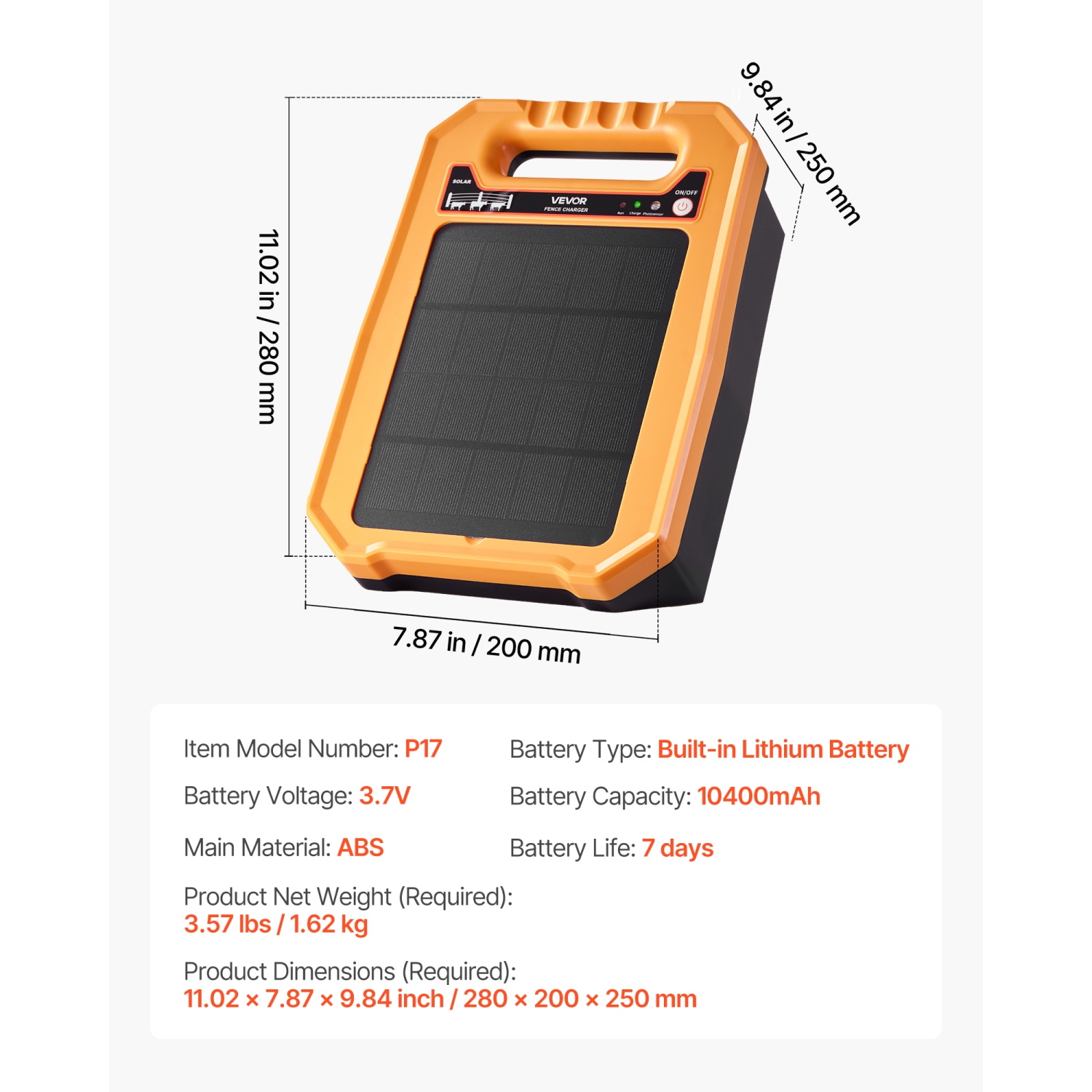 VEVOR 0.3J 8 kV Solar Fence Charger, Solar Powered Fence Charger, 1.86 Miles Range, Weather-Resistant Electric Fence Energizer Kit, 7 Days Runtime,