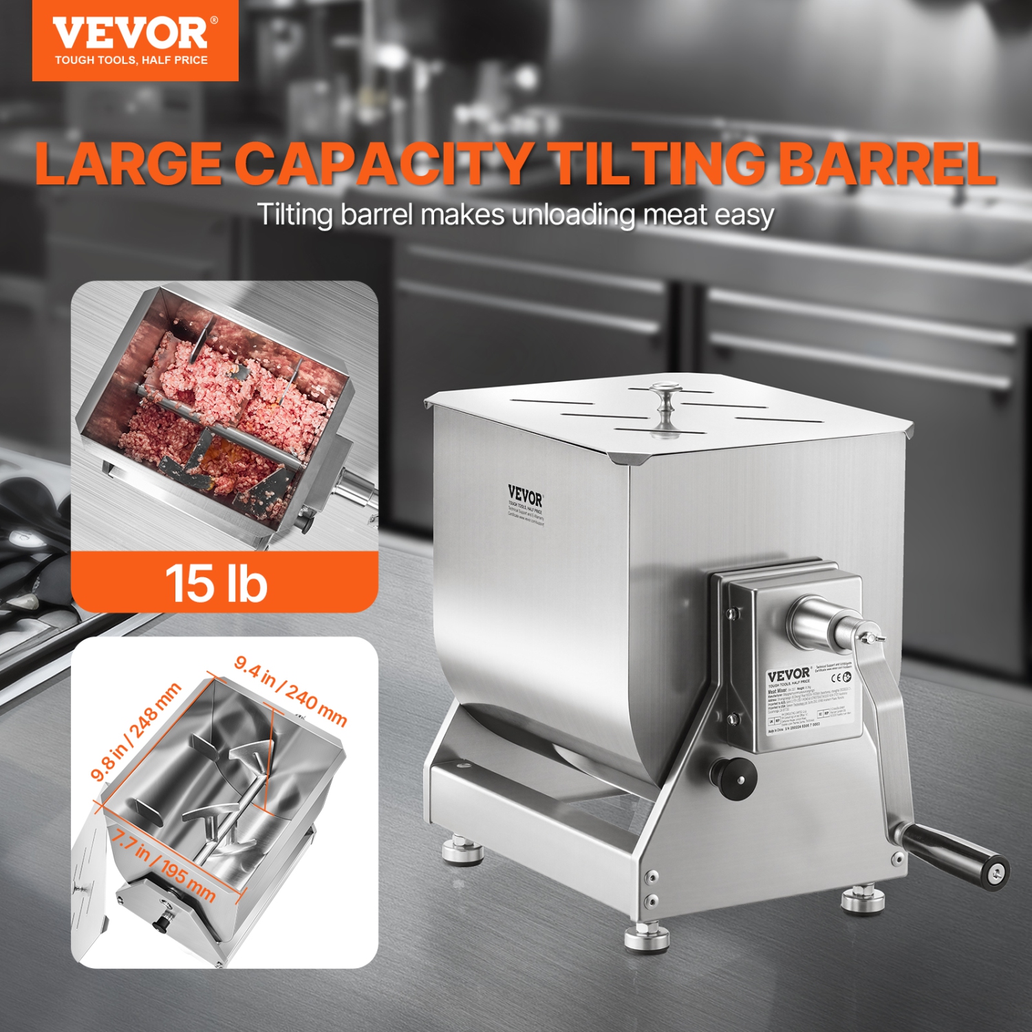 VEVOR 15L Manual Meat Mixer, Tilt Tank Meat Processing Equipment(Mixing Max 15LBS for Meat), Stainless Steel Meat Mixer, Sausage Mixer Machine with