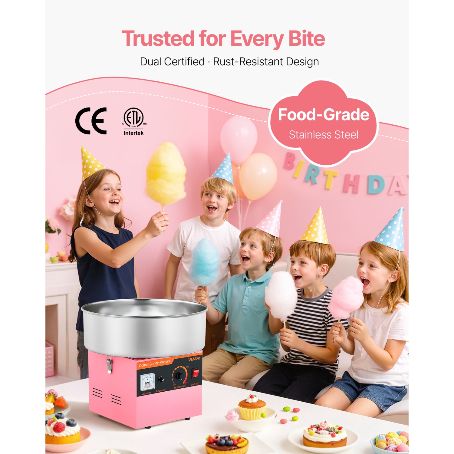 VEVOR 1000W Cotton Candy Machine Commercial, Electric Candy Floss Maker, Easy Use with 15 inch Stainless Steel Bowl and Sugar Scoop, Makes Hard Candy