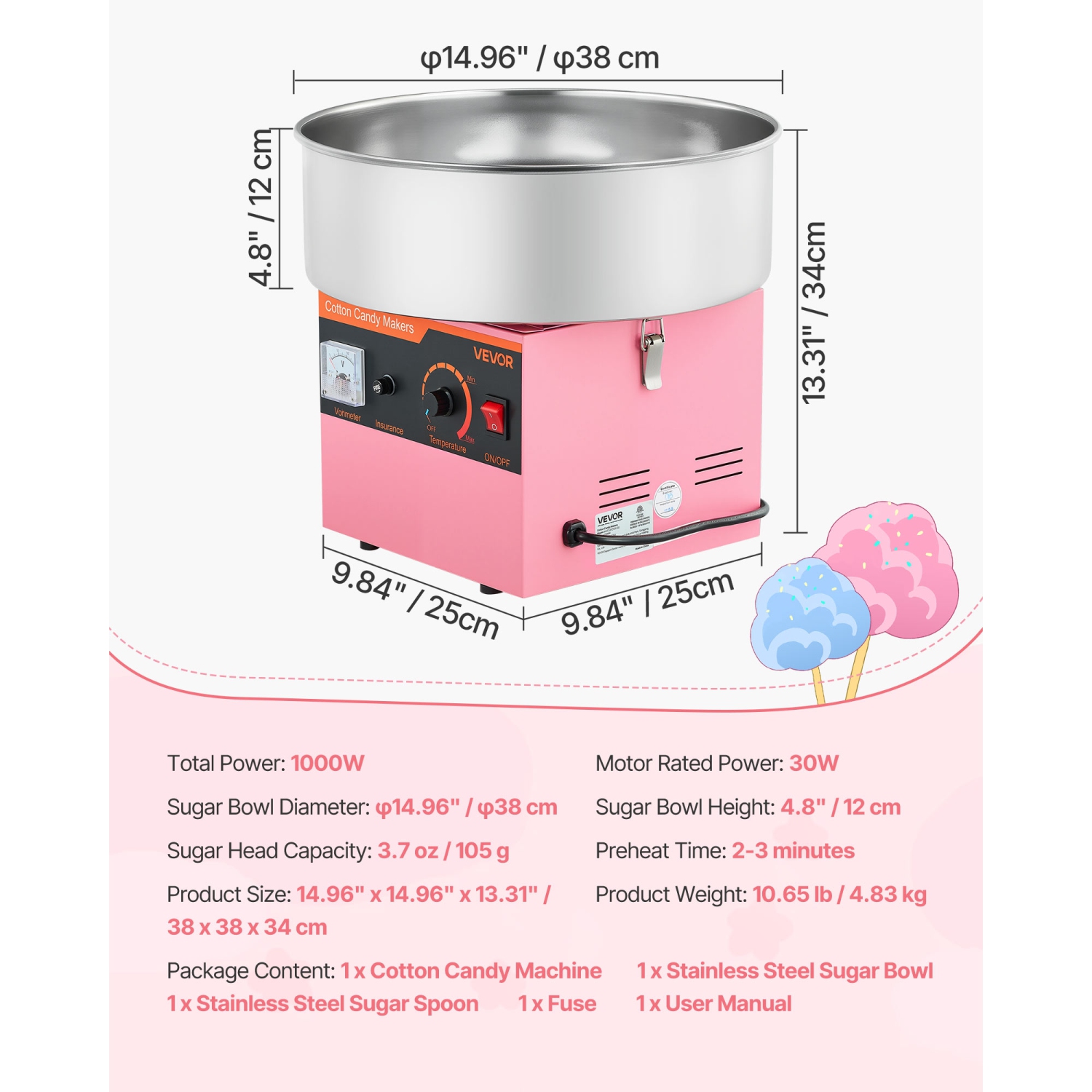 VEVOR 1000W Cotton Candy Machine Commercial, Electric Candy Floss Maker, Easy Use with 15 inch Stainless Steel Bowl and Sugar Scoop, Makes Hard Candy