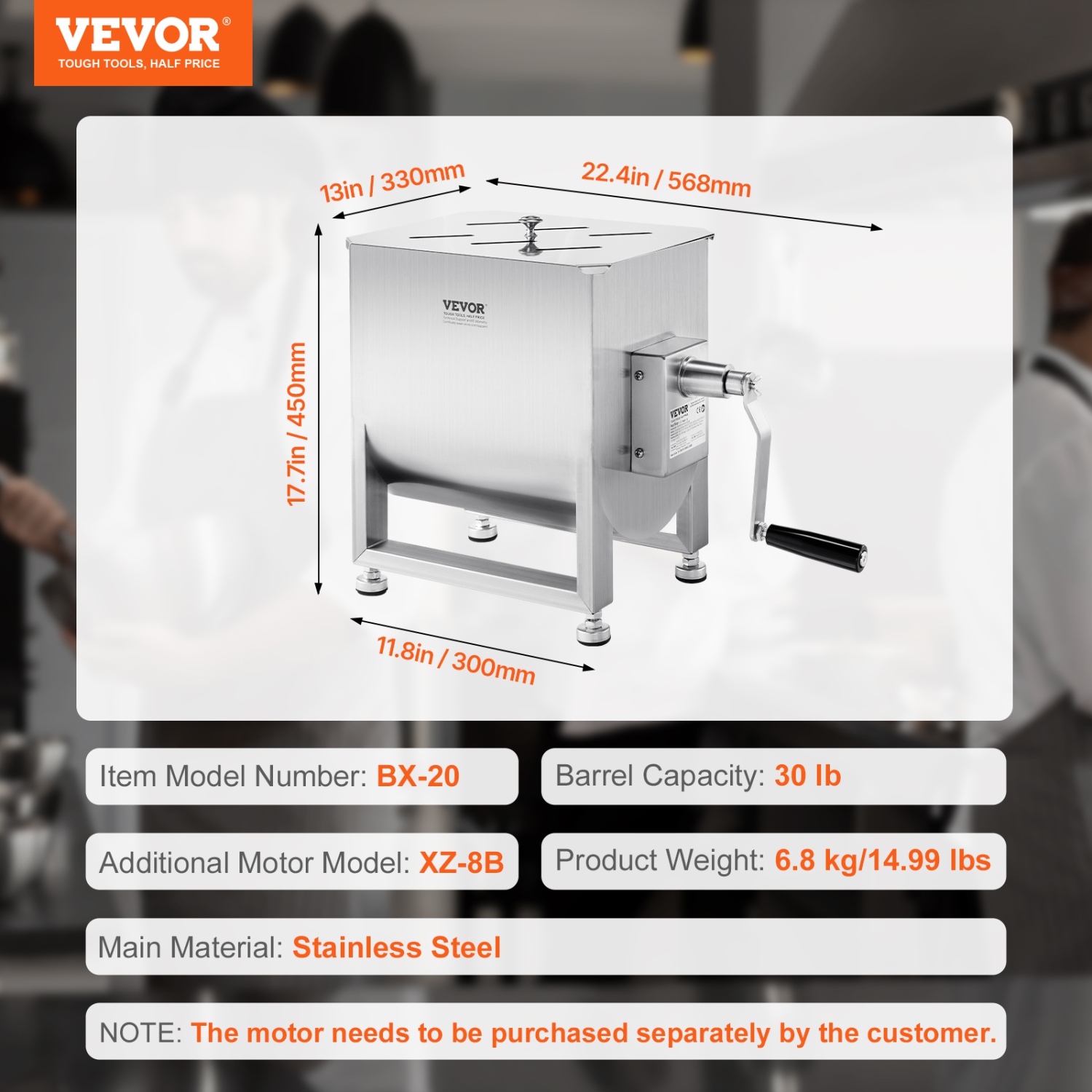 VEVOR 30L Manual Meat Mixer, Fixed Tank Meat Processing Equipment(Mixing Max 30LBS for Meat), Stainless Steel Meat Mixer, Sausage Mixer Machine with