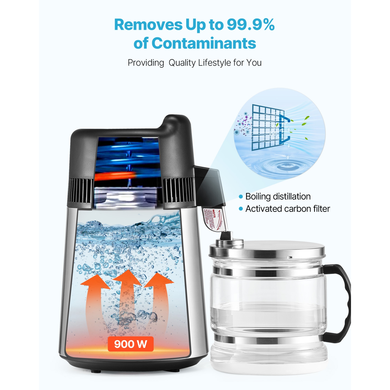 VEVOR 6L 1.6 Gallon Water Distiller, Larger Pure Water Purifier Filter For Home Table Countertop, 900W Glass Pot Distilled Maker, Stainless Steel