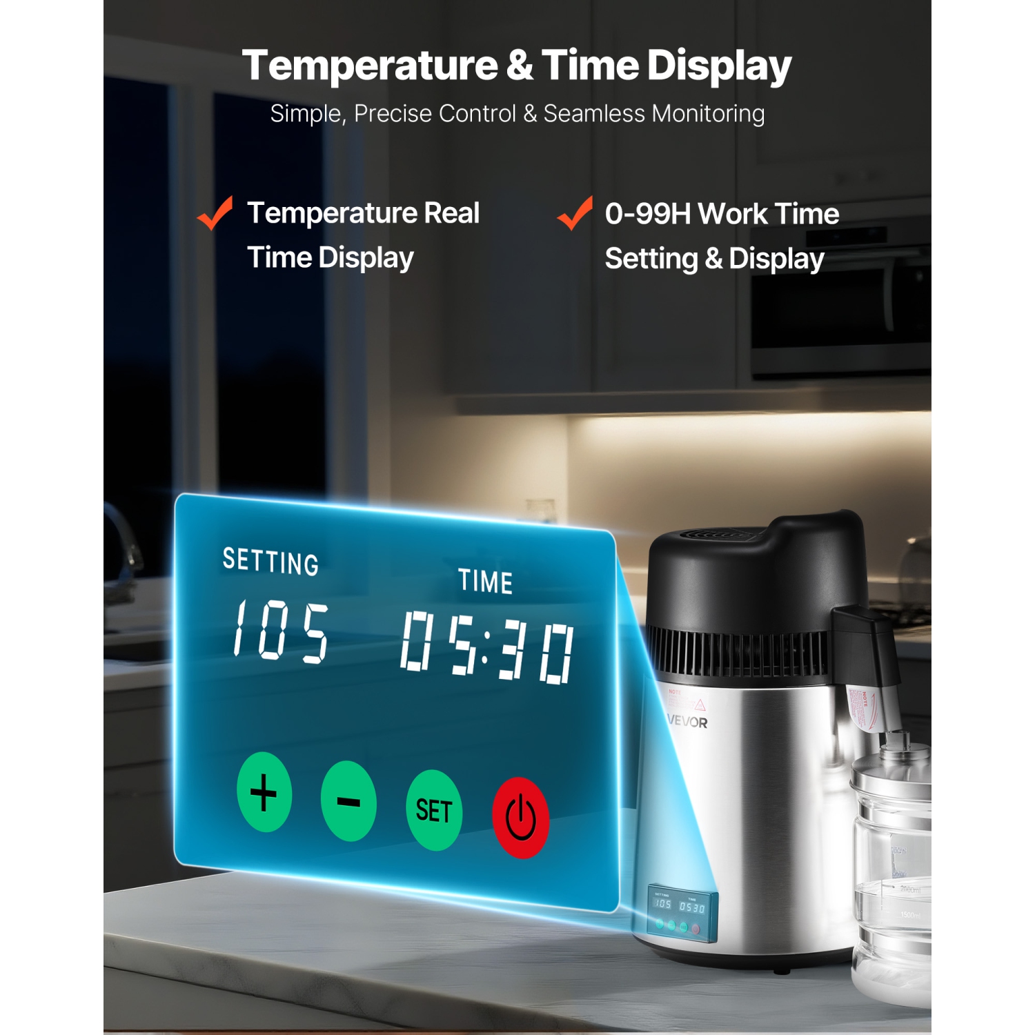 VEVOR 6L 1.6 Gallon Water Distiller, Larger Pure Water Purifier Filter For Home Table Countertop, 900W Glass Pot Distilled Maker, Stainless Steel