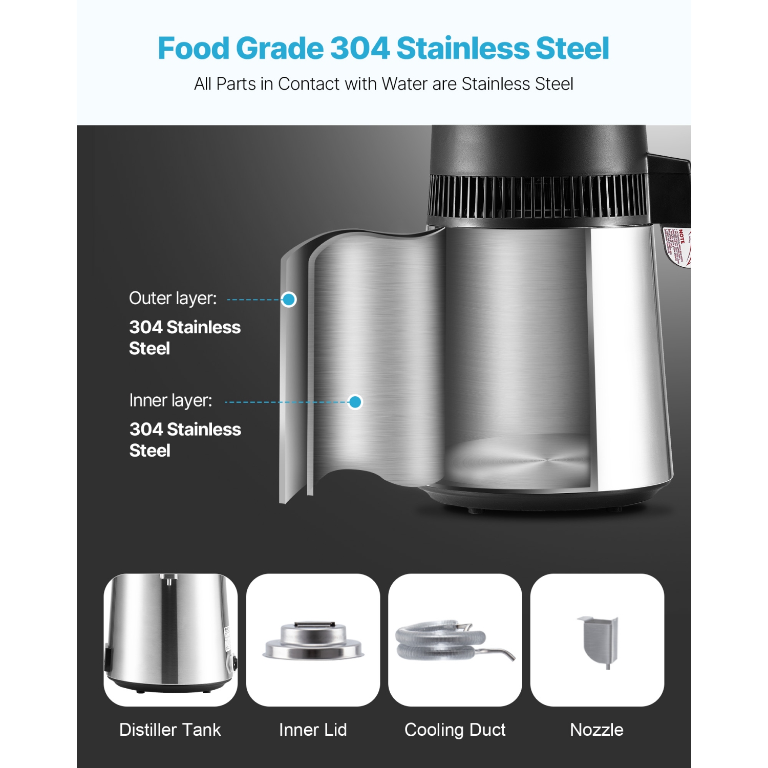 VEVOR 6L 1.6 Gallon Water Distiller, Larger Pure Water Purifier Filter For Home Table Countertop, 900W Glass Pot Distilled Maker, Stainless Steel