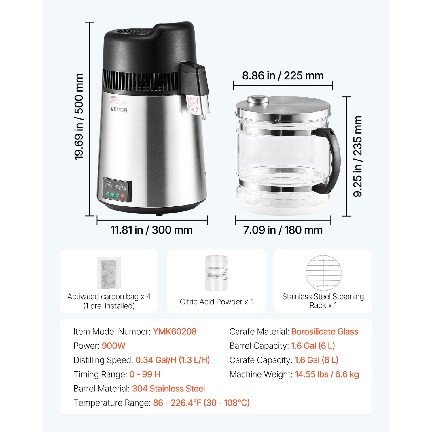 VEVOR 6L 1.6 Gallon Water Distiller, Larger Pure Water Purifier Filter For Home Table Countertop, 900W Glass Pot Distilled Maker, Stainless Steel