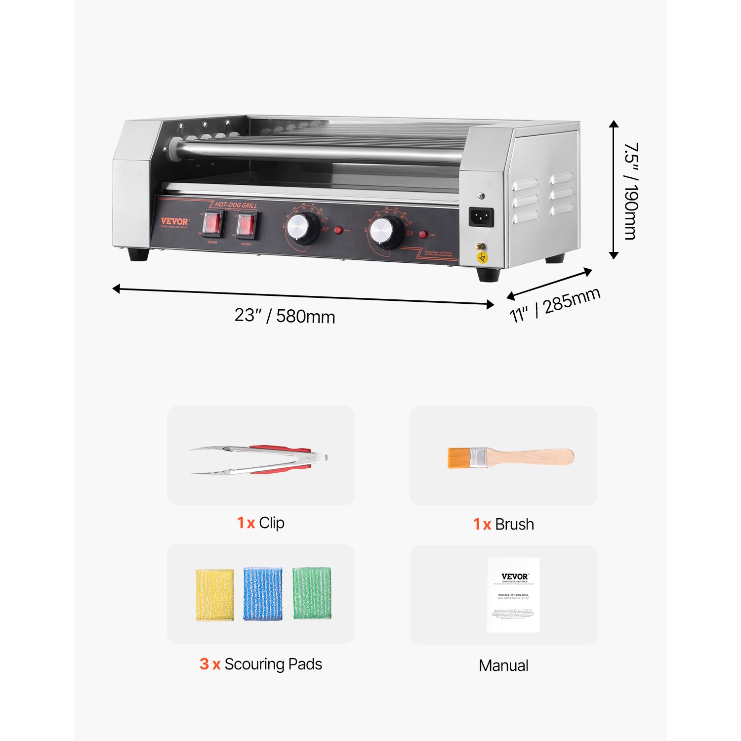 VEVOR 750W Hot Dog Roller, 12 Hot Dog 5 Rollers, Stainless Steel Sausage Grill Cooker, Hot Dog Machine with Dual Temp Control, Removable Oil Drip