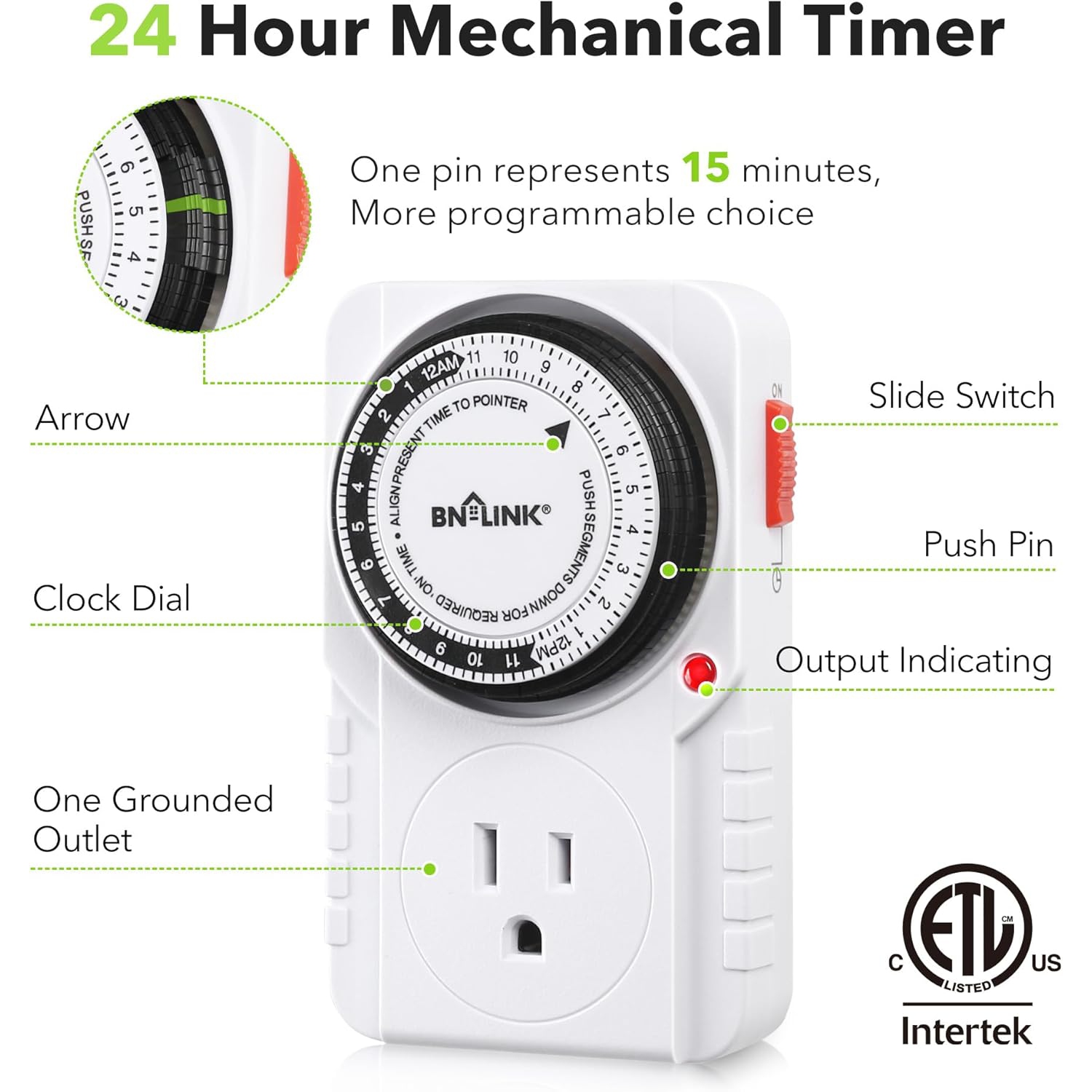 BN-LINK 24 Hour Plug-in Mechanical Timer Grounded for Aquarium, Grow Light, Hydroponics, Indoor Lighting, Home Appliances, ETL Listed 125VAC, 60 Hz,