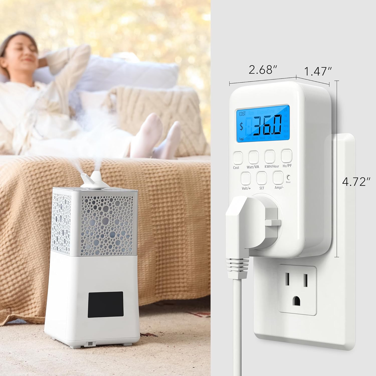 HBN Electricity Usage Monitor: LCD Plug-in Power Meter with Backlight, Tracks Watt/KWH/Voltage/Digital Cost, 9 Display Modes for Energy Saving, White