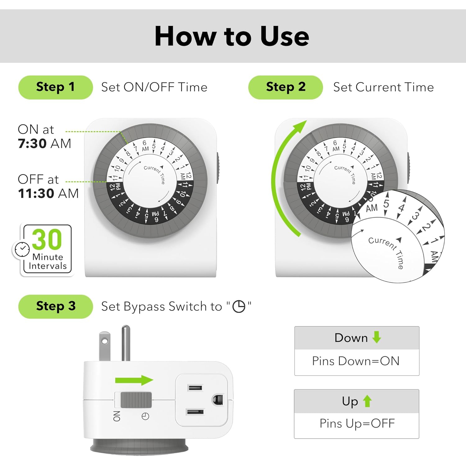 BN-LINK Indoor Dual Outlet Timers, Heavy-Duty Mechanical, 24-Hour, 3-Prong Design with 30-Minute Intervals for Lamps, Indoor Lighting, and Christmas