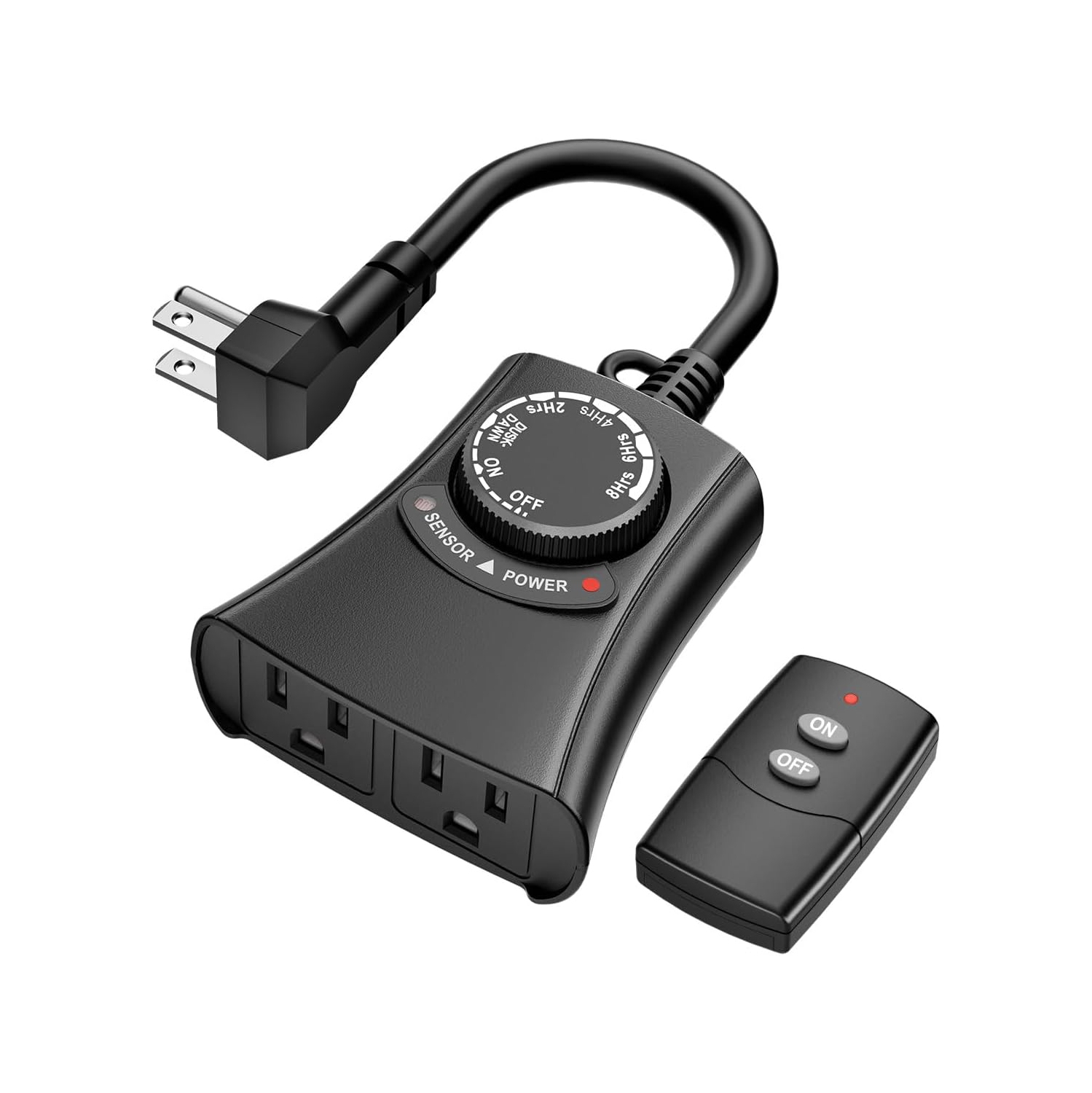 HBN Outdoor Light Timer - Waterproof, Dusk-to-Dawn Photocell, Remote, 2/4/6/8 Countdown, 2 Grounded Outlets, 1875W 15A 1/2HP, Black