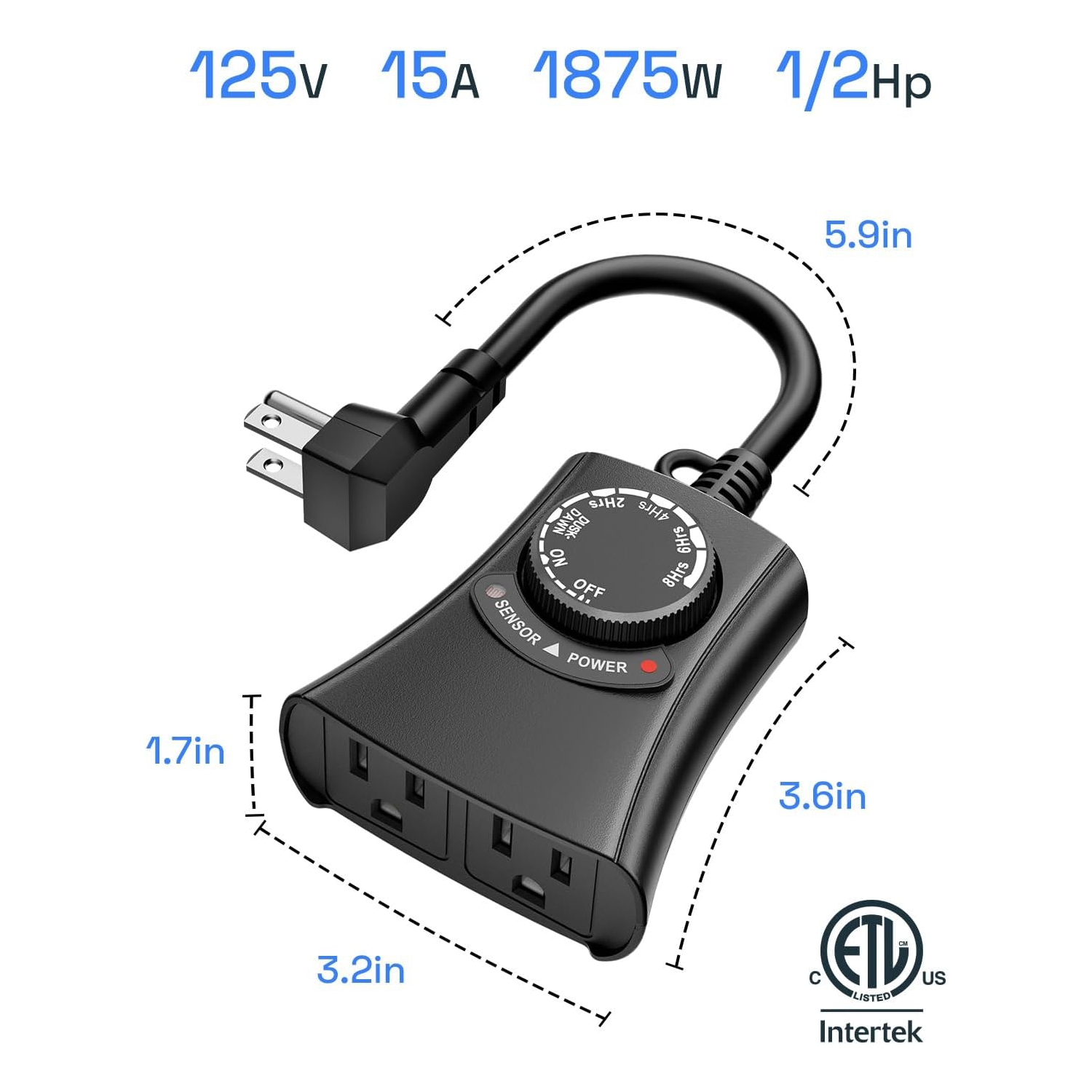 HBN Outdoor Light Timer - Waterproof, Dusk-to-Dawn Photocell, Remote, 2/4/6/8 Countdown, 2 Grounded Outlets, 1875W 15A 1/2HP, Black