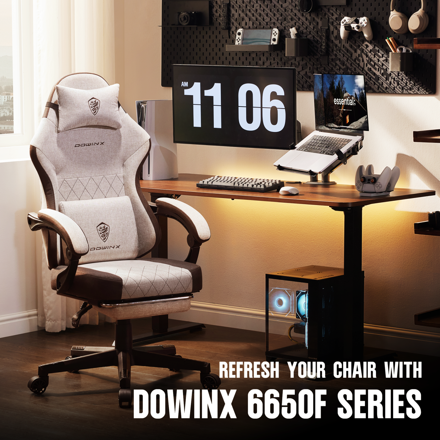 Dowinx Gaming Chair Fabric with Footrest, Ergonomic Computer Chair with Massage Lumbar Support, Big and Tall Game Chair for Adults, Home Office Chair