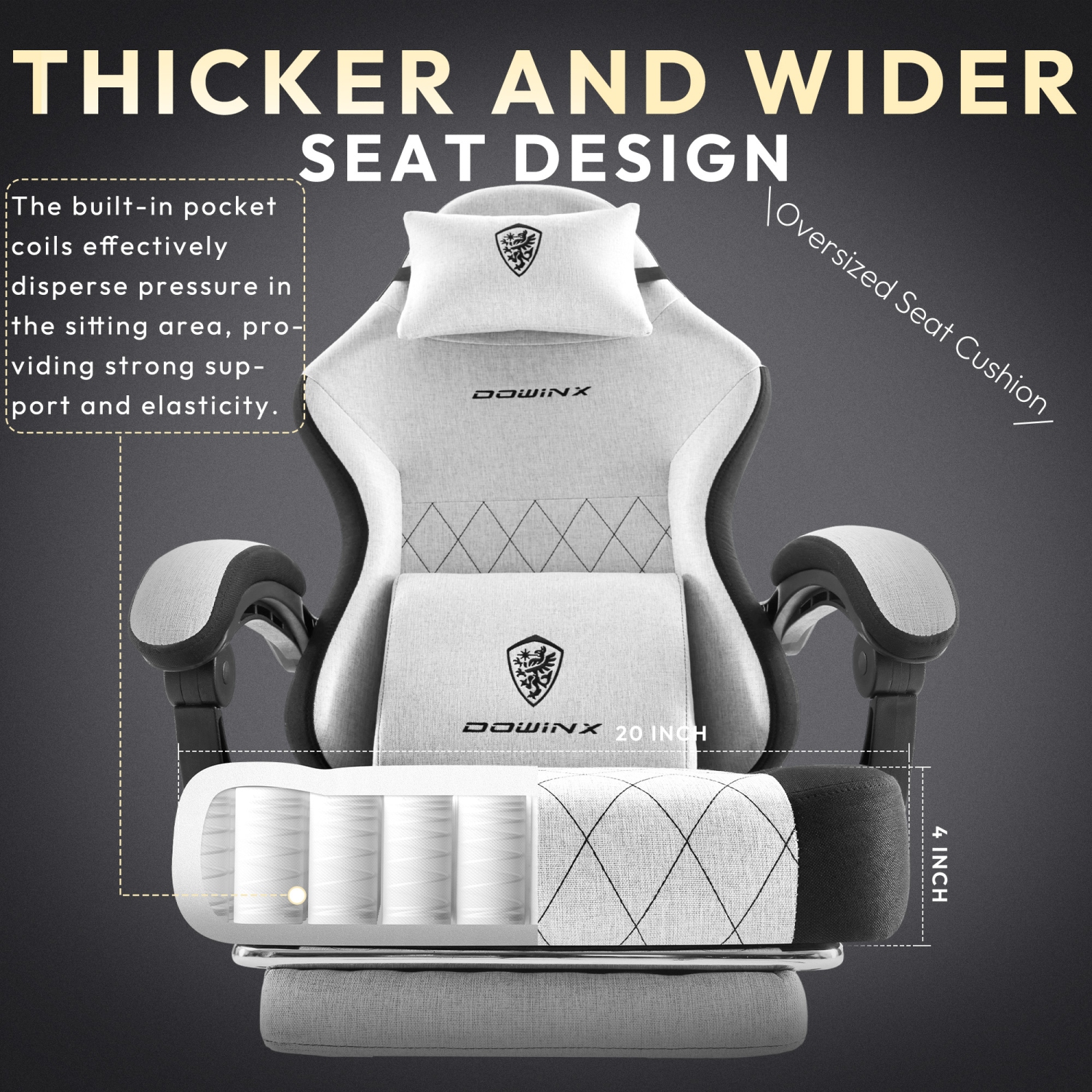 Dowinx Gaming Chair Fabric with Footrest, Ergonomic Computer Chair with Massage Lumbar Support, Big and Tall Game Chair for Adults, Home Office Chair