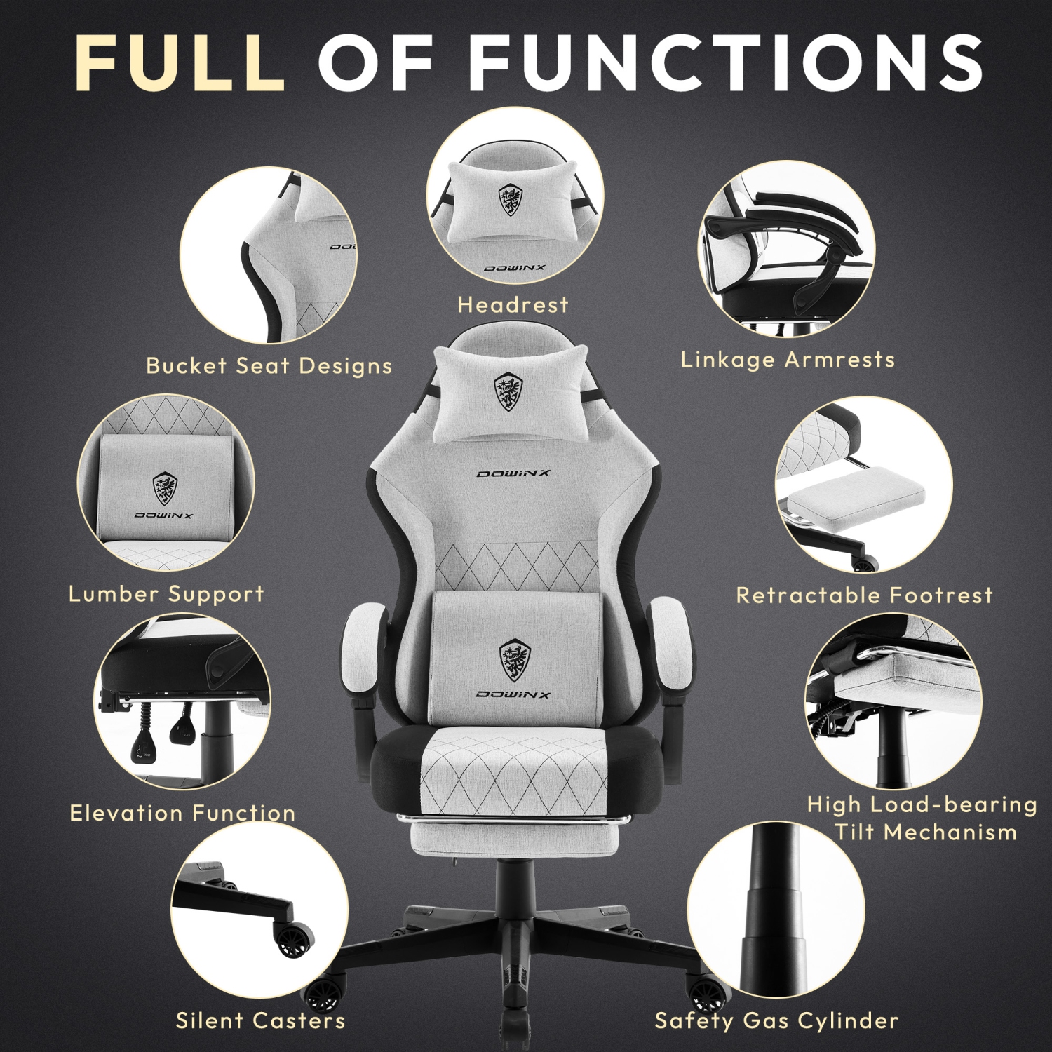 Dowinx Gaming Chair Fabric with Footrest, Ergonomic Computer Chair with Massage Lumbar Support, Big and Tall Game Chair for Adults, Home Office Chair