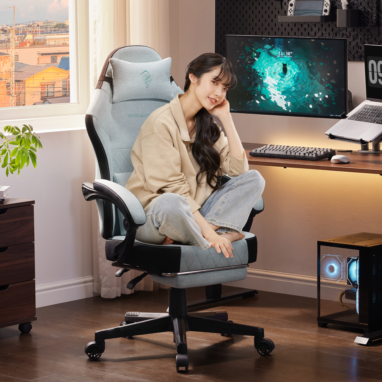 Dowinx Gaming Chair Fabric with Footrest, Ergonomic Computer Chair with Massage Lumbar Support, Big and Tall Game Chair for Adults, Home Office Chair
