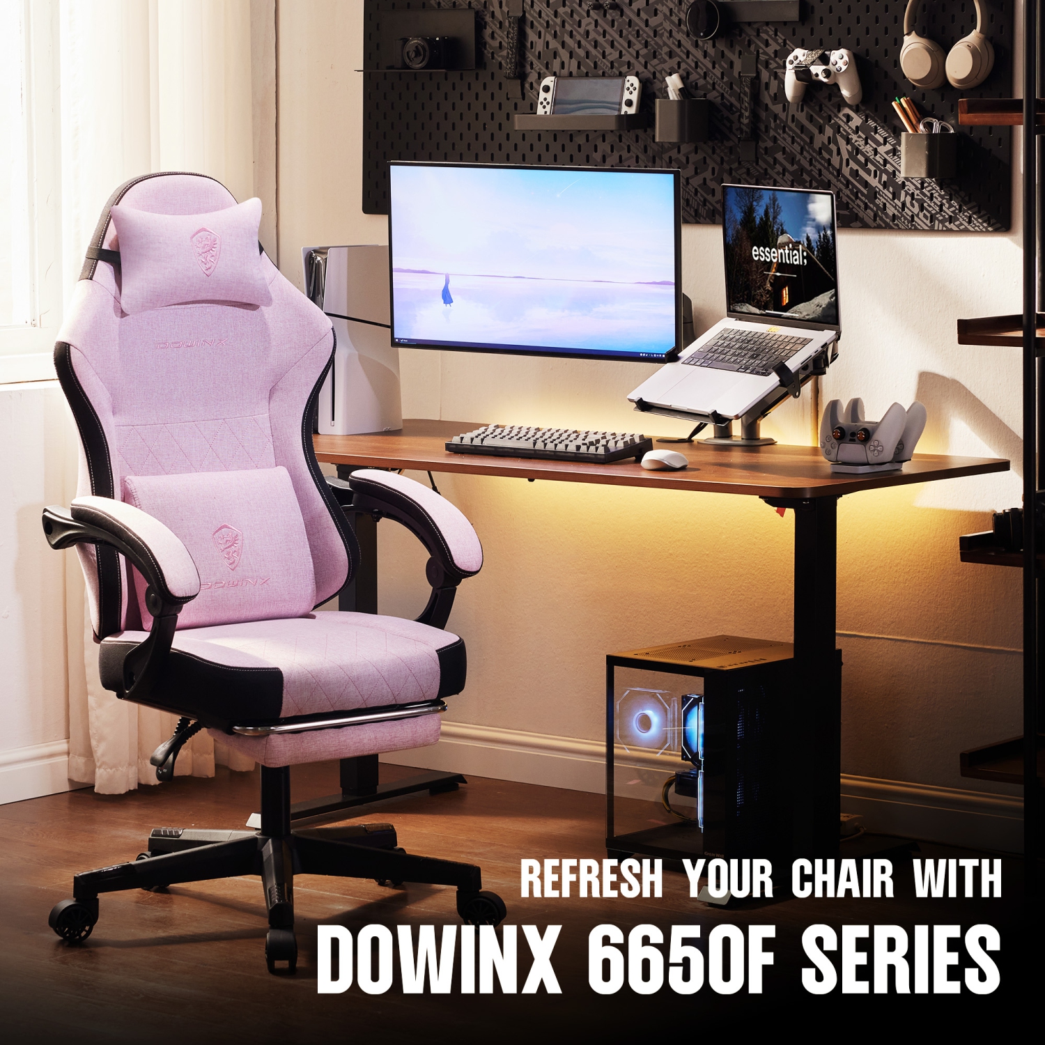 Dowinx Gaming Chair Fabric with Footrest, Ergonomic Computer Chair with Massage Lumbar Support, Big and Tall Game Chair for Adults, Home Office Chair
