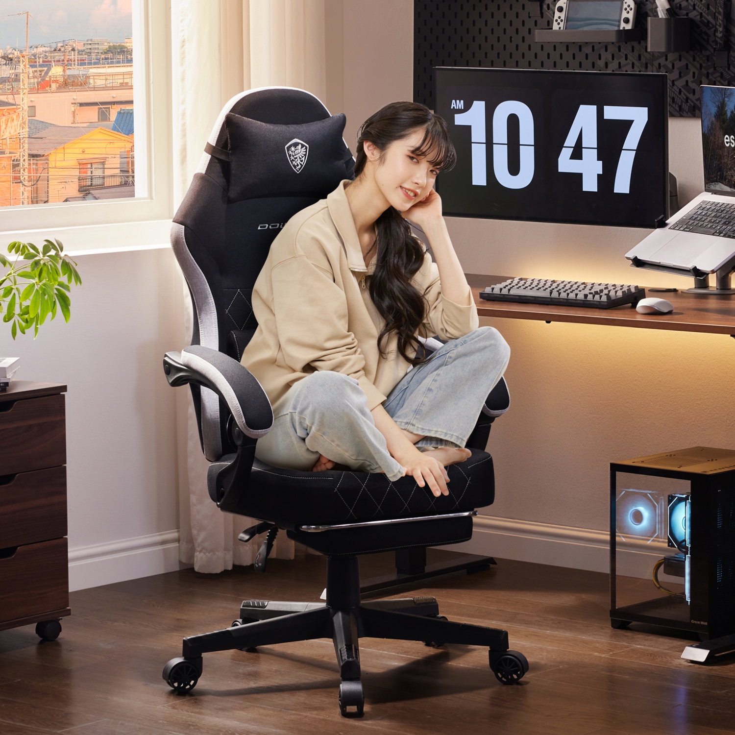 Dowinx Gaming Chair Fabric with Footrest, Ergonomic Computer Chair with Massage Lumbar Support, Big and Tall Game Chair for Adults, Home Office Chair