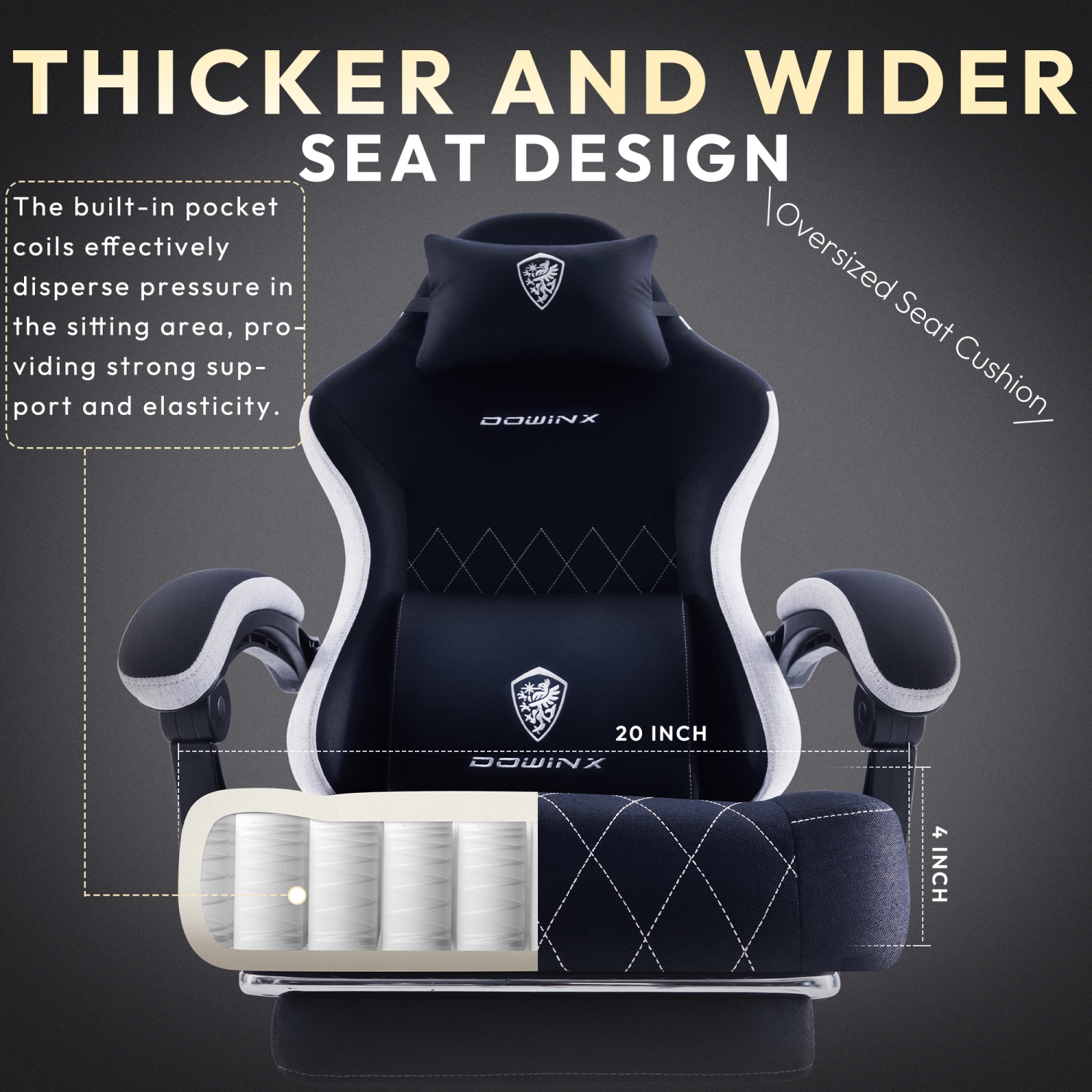 Dowinx Gaming Chair Fabric with Footrest, Ergonomic Computer Chair with Massage Lumbar Support, Big and Tall Game Chair for Adults, Home Office Chair