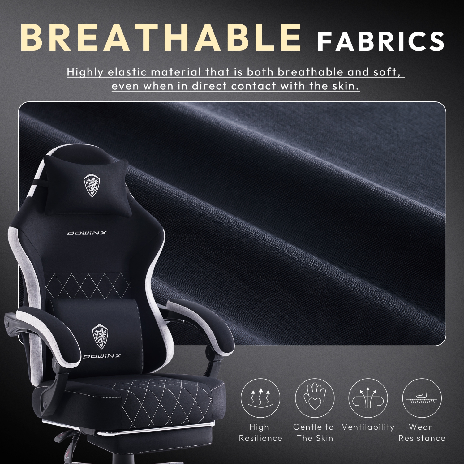 Dowinx Gaming Chair Fabric with Footrest, Ergonomic Computer Chair with Massage Lumbar Support, Big and Tall Game Chair for Adults, Home Office Chair