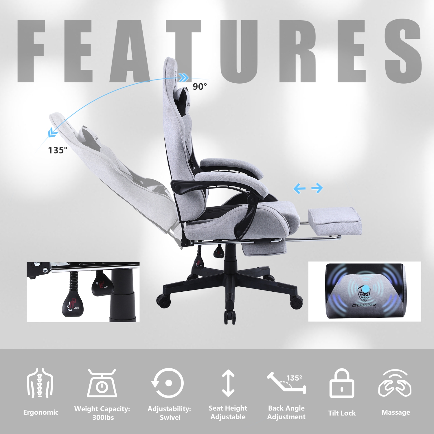 Fauteuil de jeu Dowinx, fauteuil de bureau en tissu avec coussin à ressorts ensachés, tissu de fauteuil de massage avec appuie-tête, fauteuil