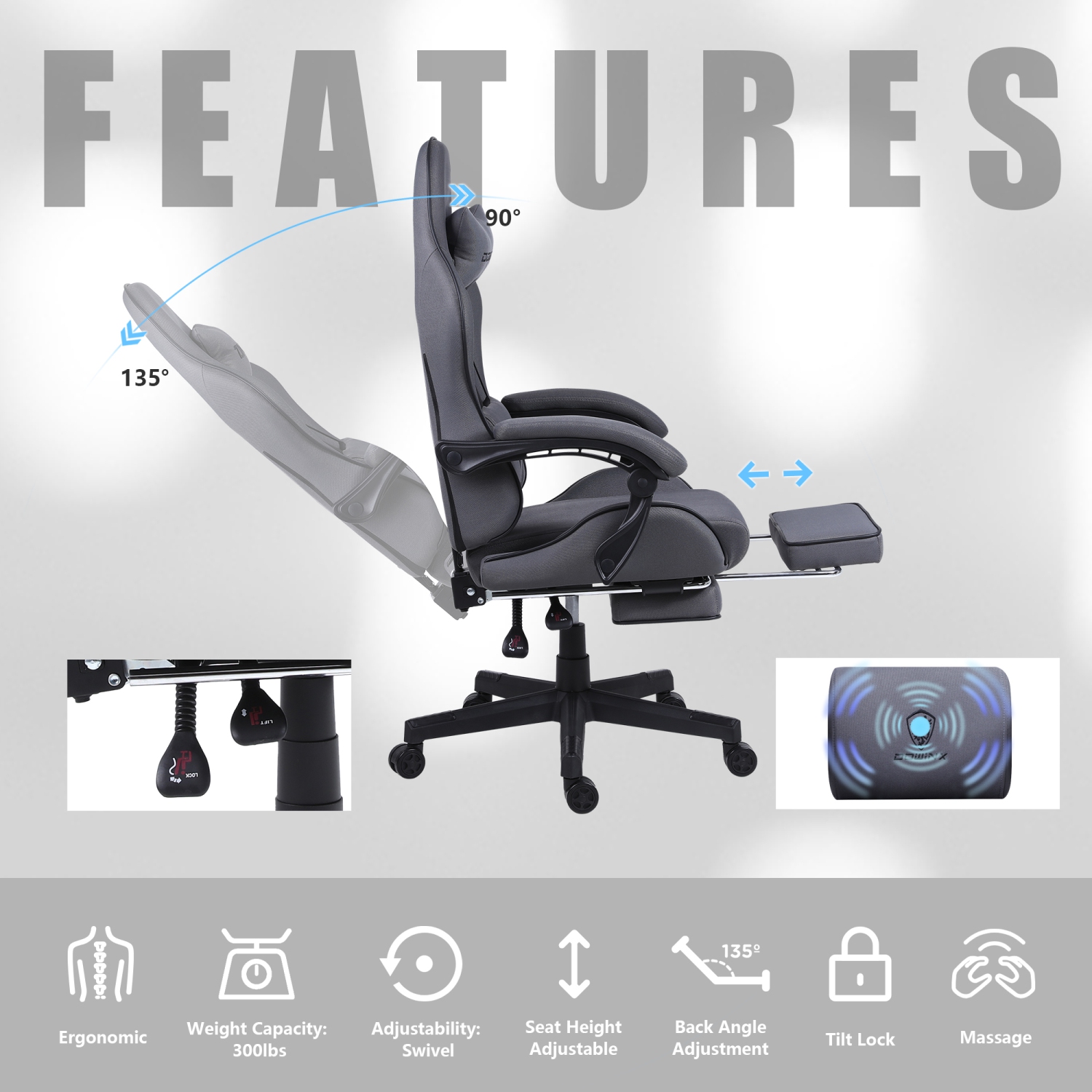 Fauteuil de jeu Dowinx, fauteuil de bureau en tissu avec coussin à ressorts ensachés, tissu de fauteuil de massage avec appuie-tête, fauteuil