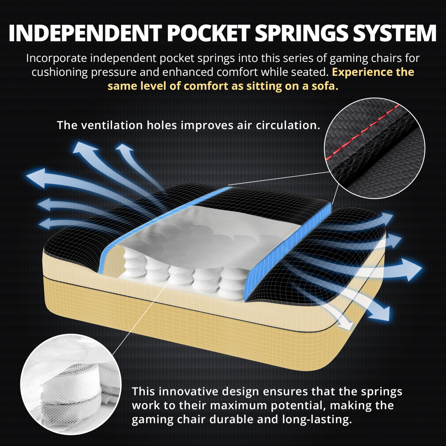 Fauteuil de jeu Dowinx respirant en cuir PU avec coussin à ressorts ensachés, fauteuil d'ordinateur ergonomique avec soutien lombaire de massage,