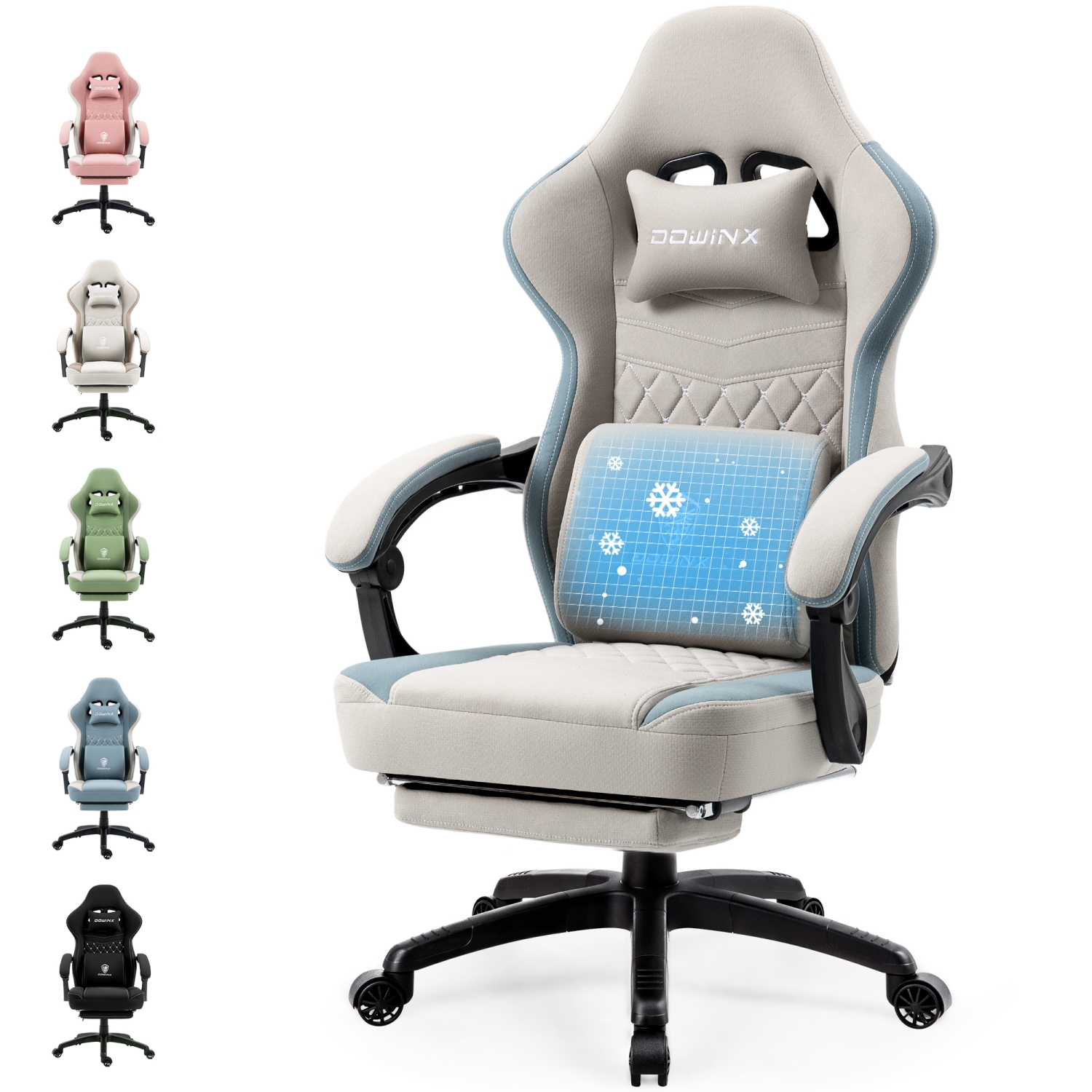 Fauteuil de jeu Dowinx en tissu respirant avec coussin à ressorts ensachés, fauteuil de bureau confortable avec coussin en gel et sacs de rangement,