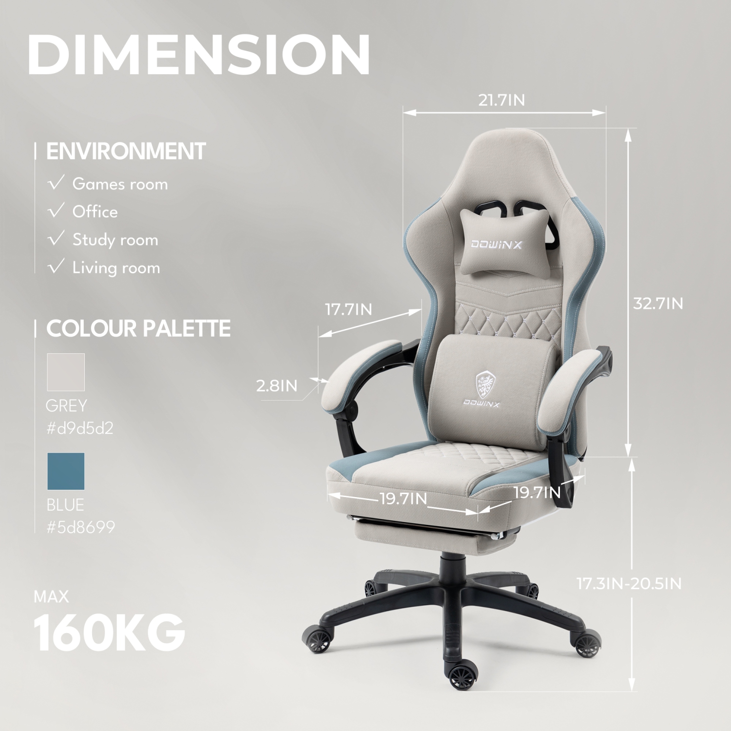 Fauteuil de jeu Dowinx en tissu respirant avec coussin à ressorts ensachés, fauteuil de bureau confortable avec coussin en gel et sacs de rangement,