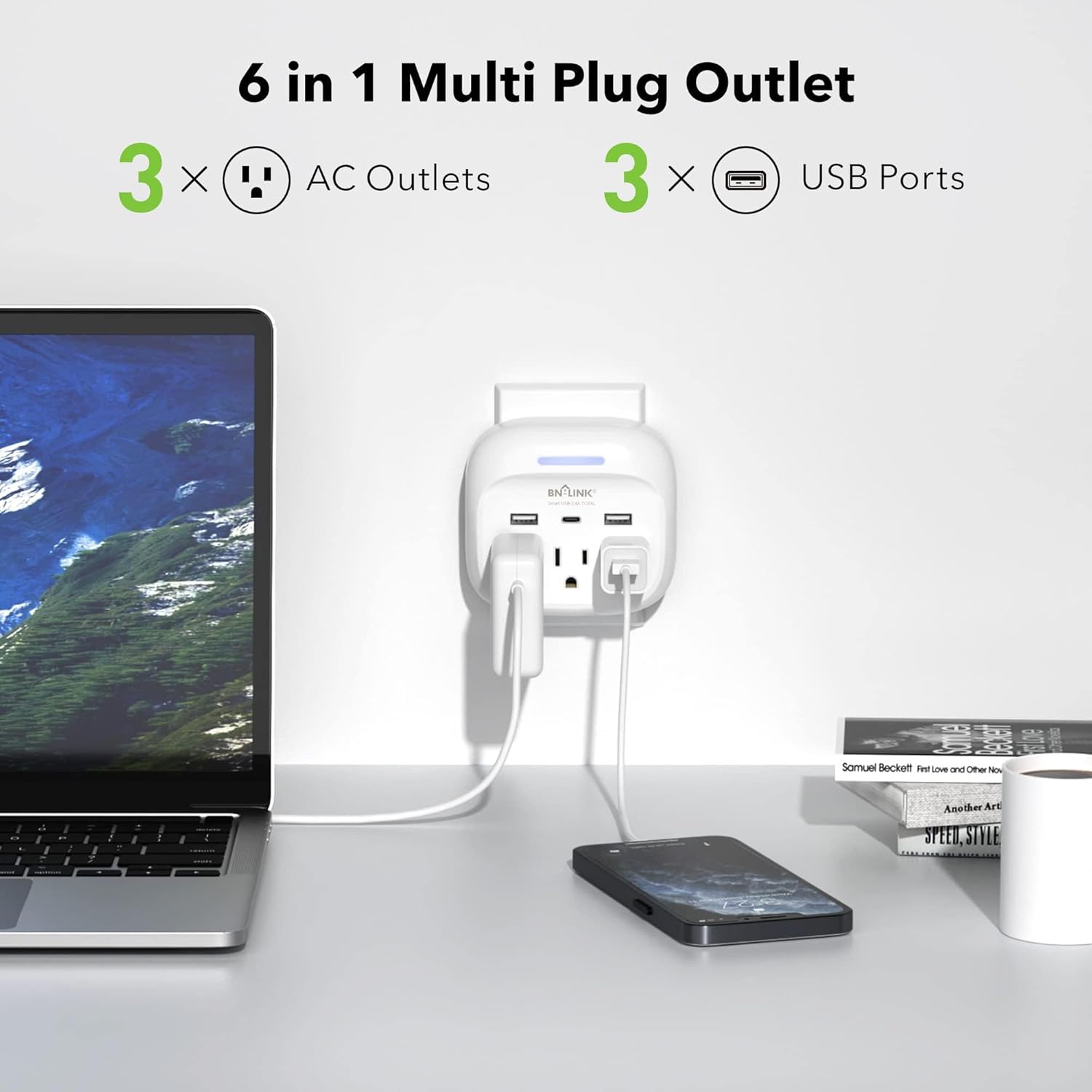 BN-LINK Multi Plug Outlet Extender with USB-C - 3 Outlets, 600J Surge Protector, Wall Plug Splitter for Home Office