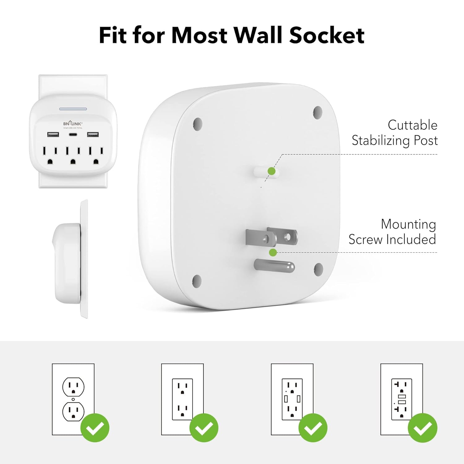 BN-LINK Multi Plug Outlet Extender with USB-C - 3 Outlets, 600J Surge Protector, Wall Plug Splitter for Home Office