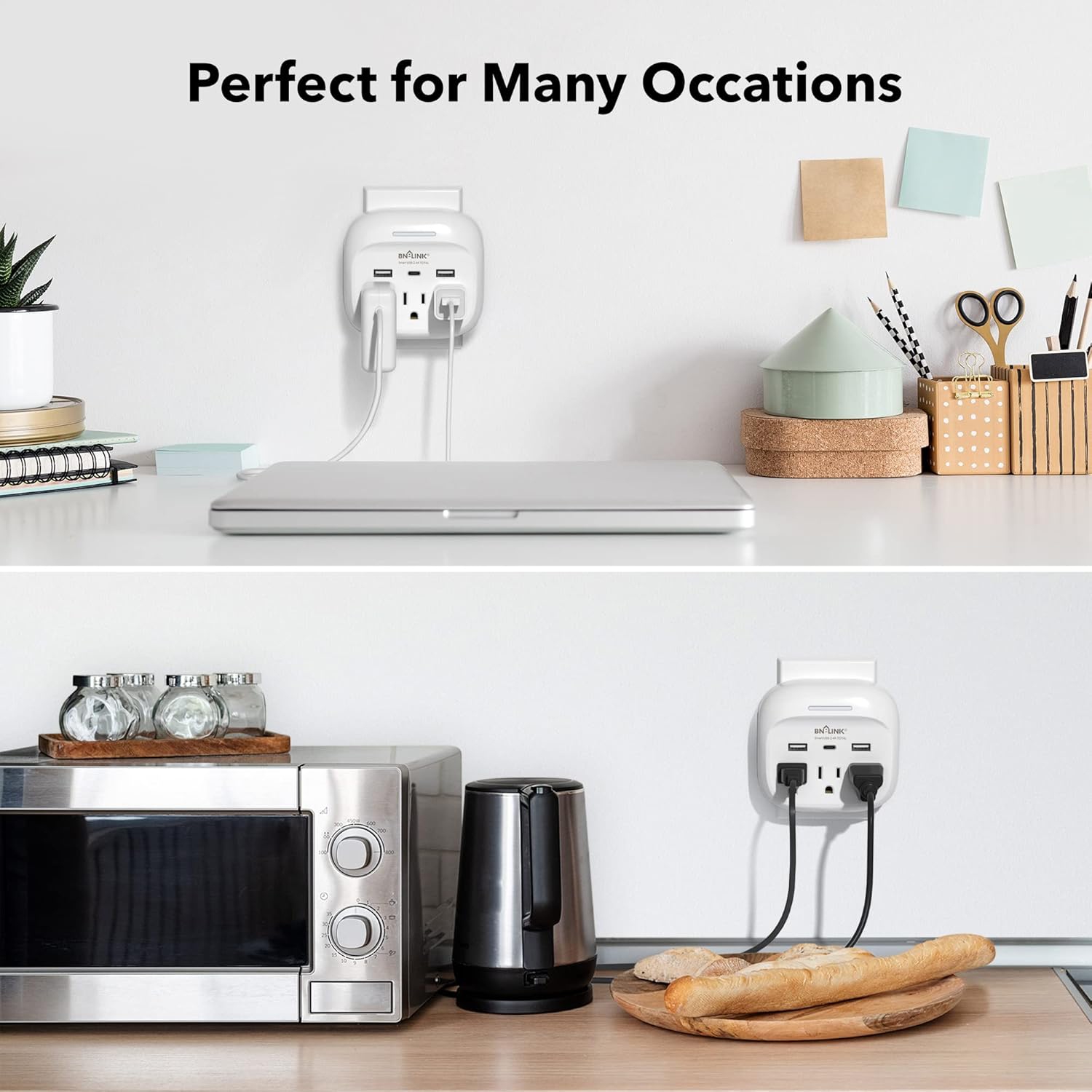 BN-LINK Multi Plug Outlet Extender with USB-C - 3 Outlets, 600J Surge Protector, Wall Plug Splitter for Home Office