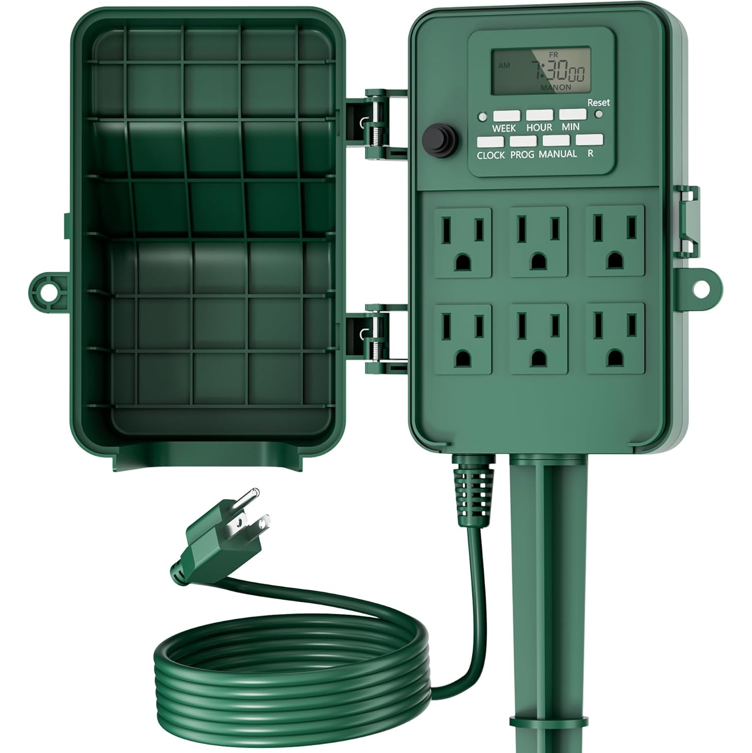 BN-LINK 7-Day Heavy Duty Outdoor Digital Stake Timer – 6 Outlets, Weatherproof – for Lights, Sprinklers, Christmas Lights