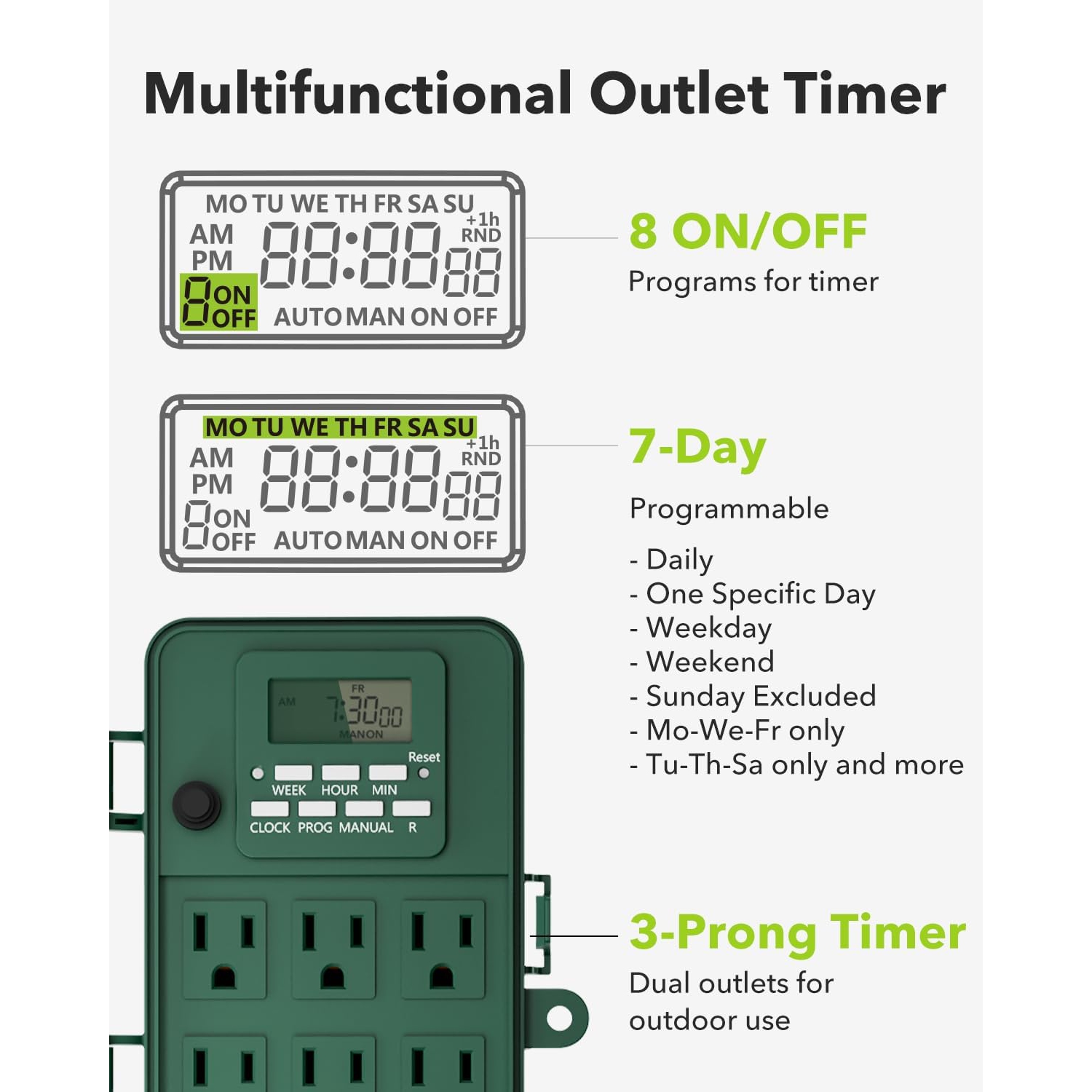BN-LINK 7-Day Heavy Duty Outdoor Digital Stake Timer – 6 Outlets, Weatherproof – for Lights, Sprinklers, Christmas Lights