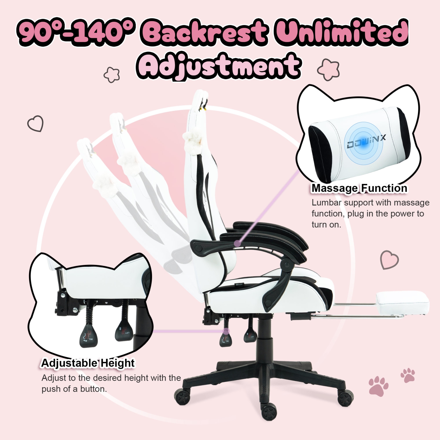 Fauteuil de jeu Dowinx aux oreilles de chat et au massage lombaire, fauteuil d'ordinateur ergonomique pour fille avec appuie-pieds et appuie-tête et