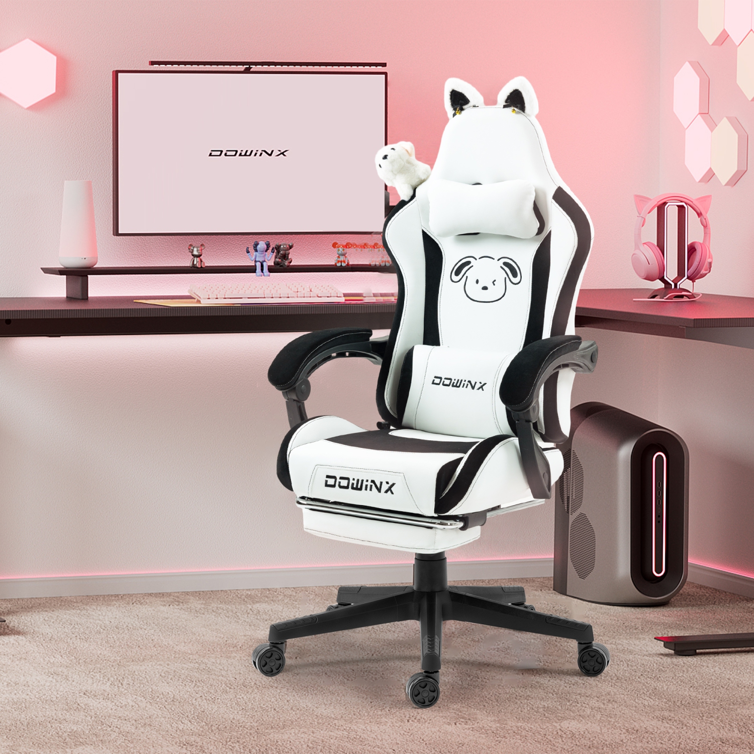 Fauteuil de jeu Dowinx aux oreilles de chat et au massage lombaire, fauteuil d'ordinateur ergonomique pour fille avec appuie-pieds et appuie-tête et