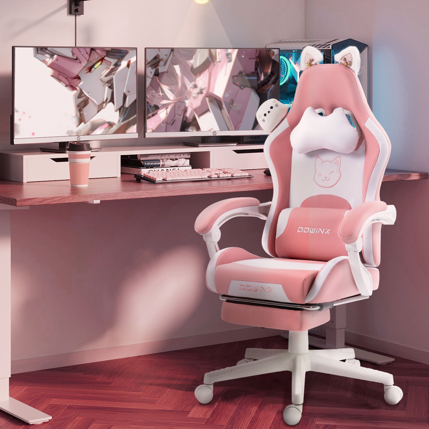 Dowinx Gaming Chair Cute with Cat Ears and Massage Lumbar Support, Ergonomic Computer Chair for Girl with Footrest and Headrest, Comfortable