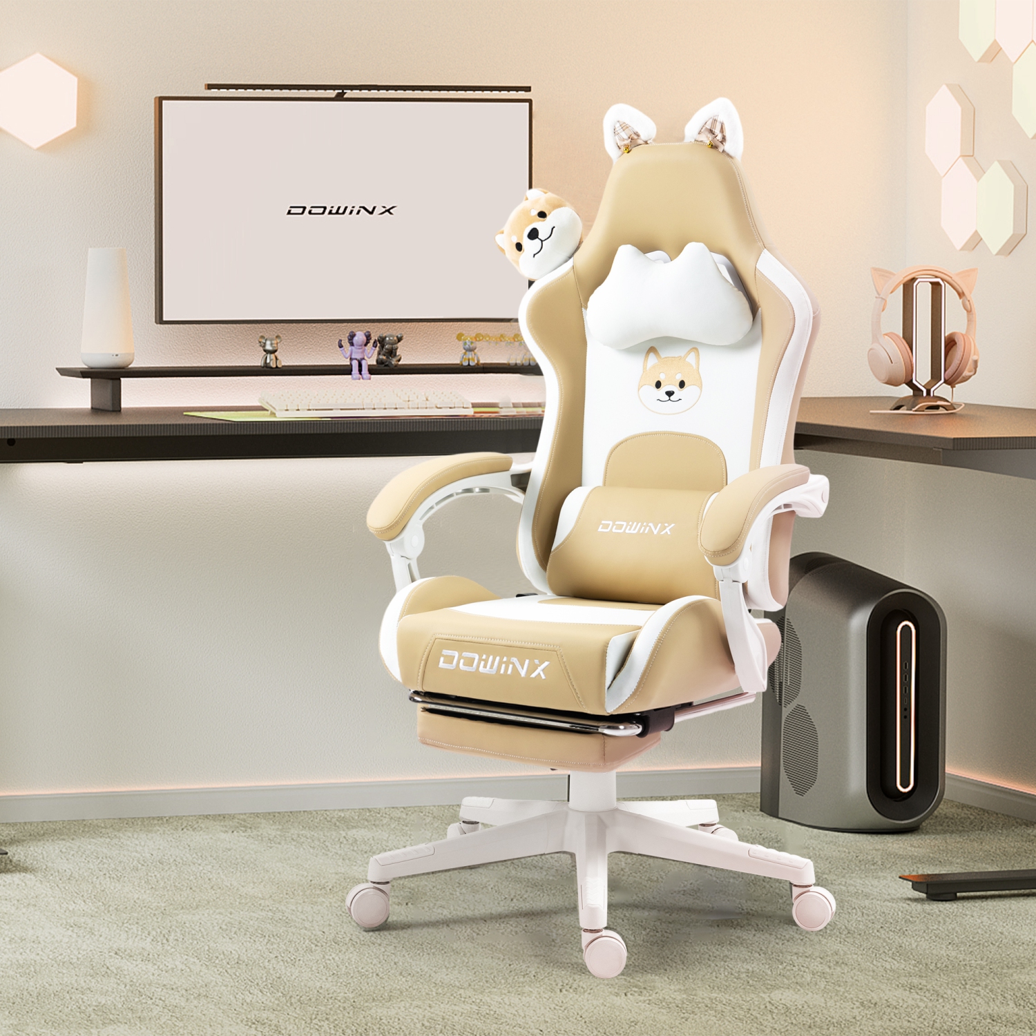 Fauteuil de jeu Dowinx aux oreilles de chat et au massage lombaire, fauteuil d'ordinateur ergonomique pour fille avec appuie-pieds et appuie-tête et