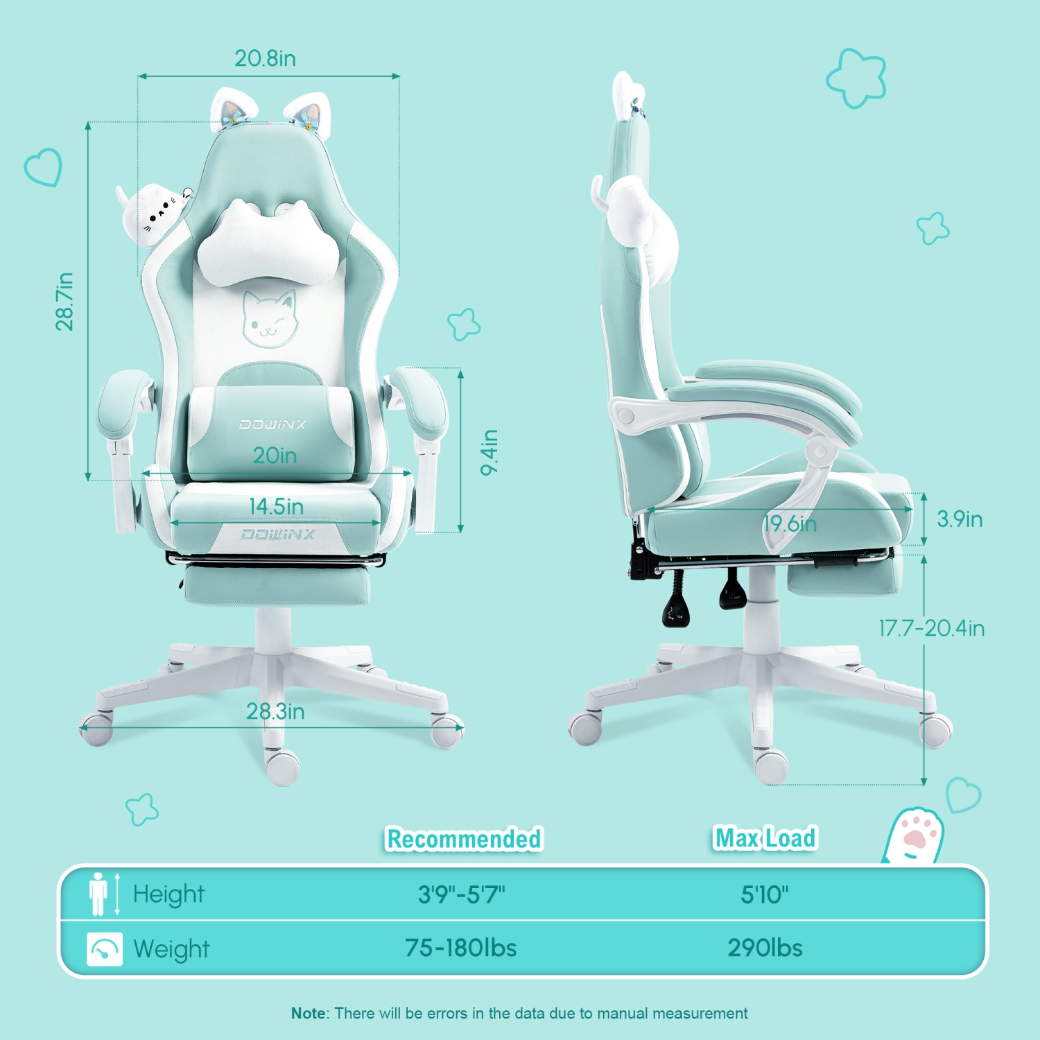 Dowinx Gaming Chair Cute with Cat Ears and Massage Lumbar Support, Ergonomic Computer Chair for Girl with Footrest and Headrest, Comfortable