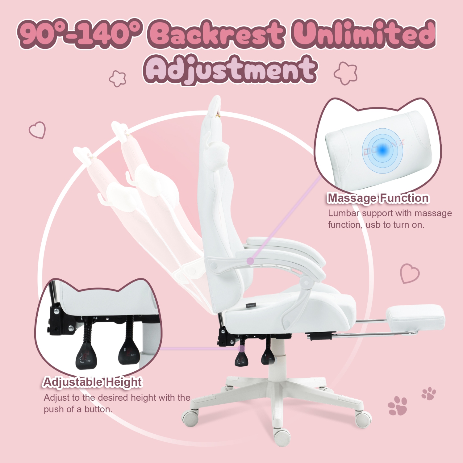Fauteuil de jeu Dowinx aux oreilles de chat et au massage lombaire, fauteuil d'ordinateur ergonomique pour fille avec appuie-pieds et appuie-tête et