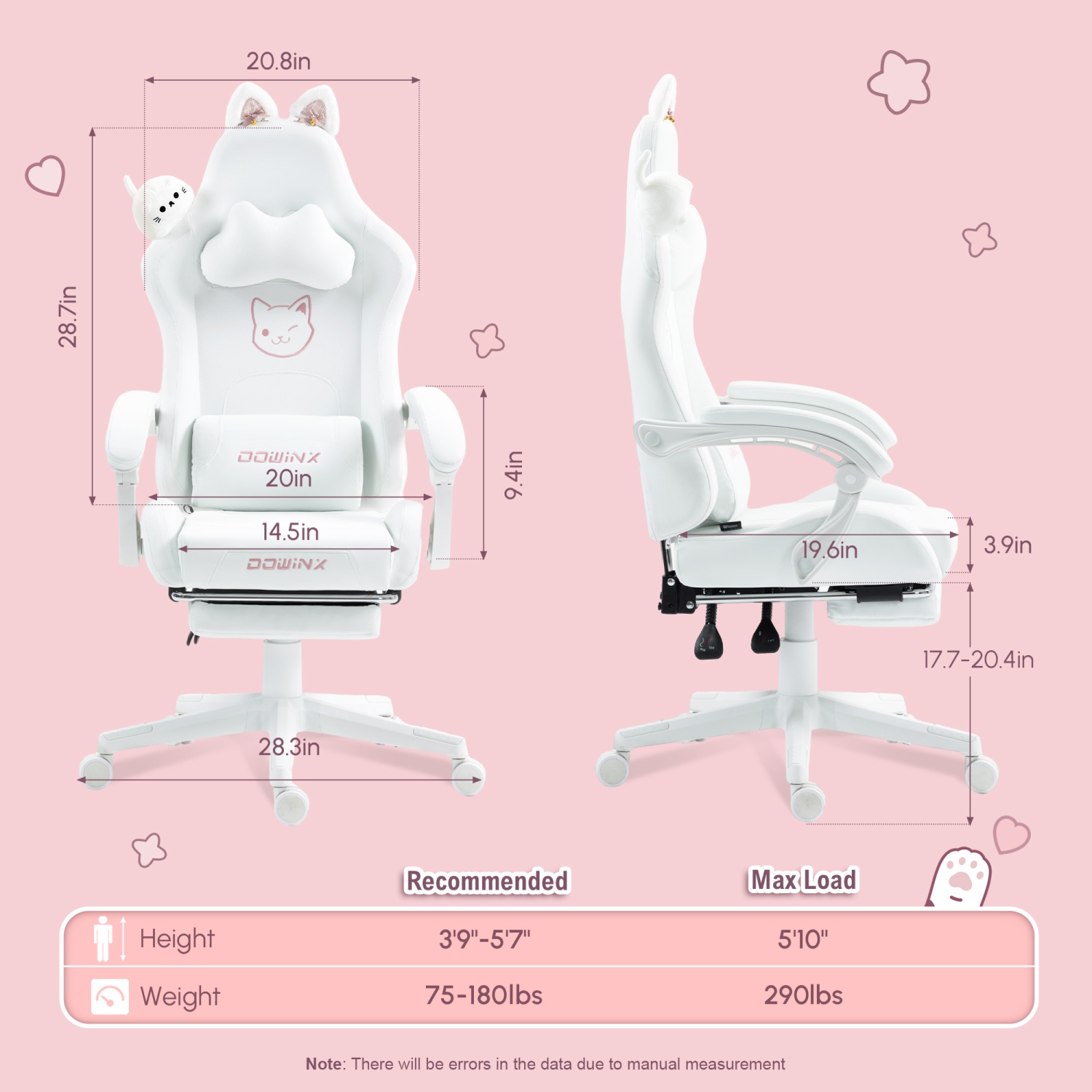 Fauteuil de jeu Dowinx aux oreilles de chat et au massage lombaire, fauteuil d'ordinateur ergonomique pour fille avec appuie-pieds et appuie-tête et