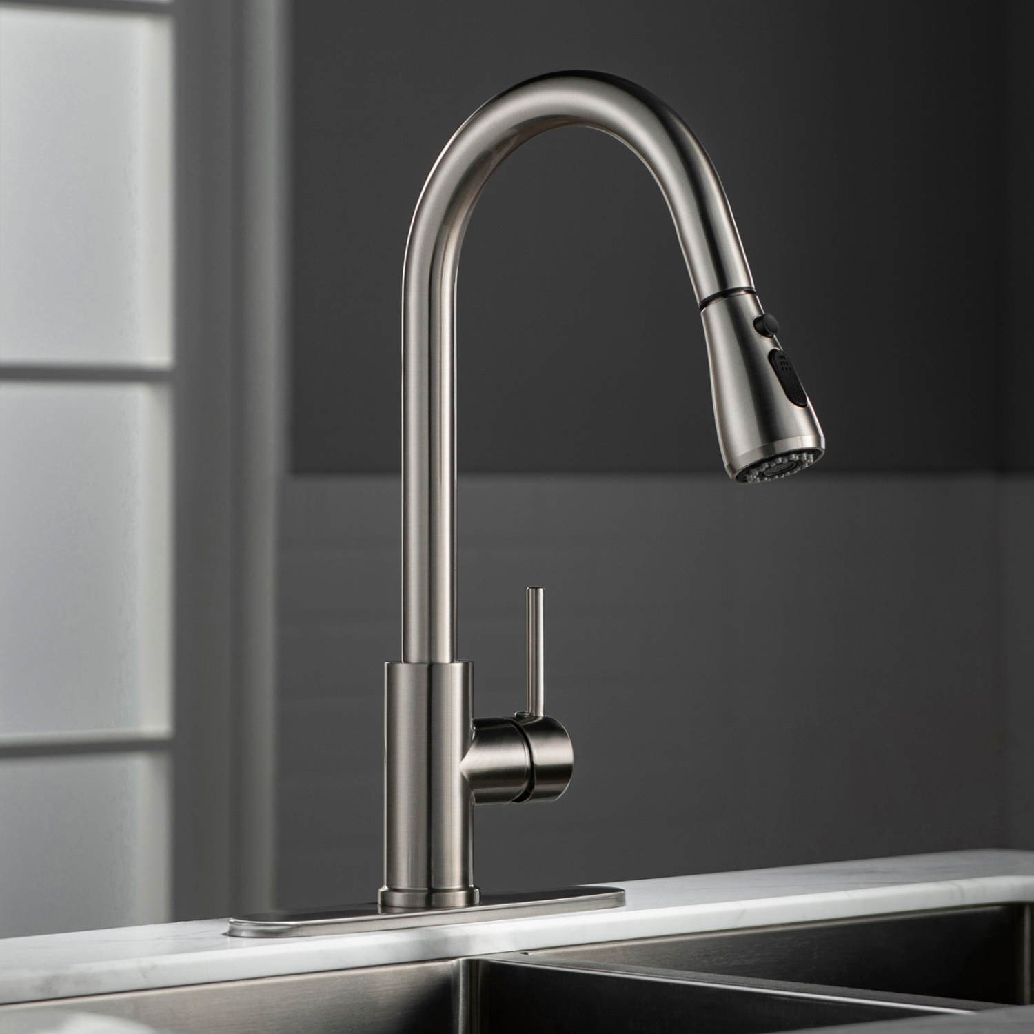 WOODBRIDGE Single Handle Pull Down Kitchen Faucet in Brushed Nickel Finish