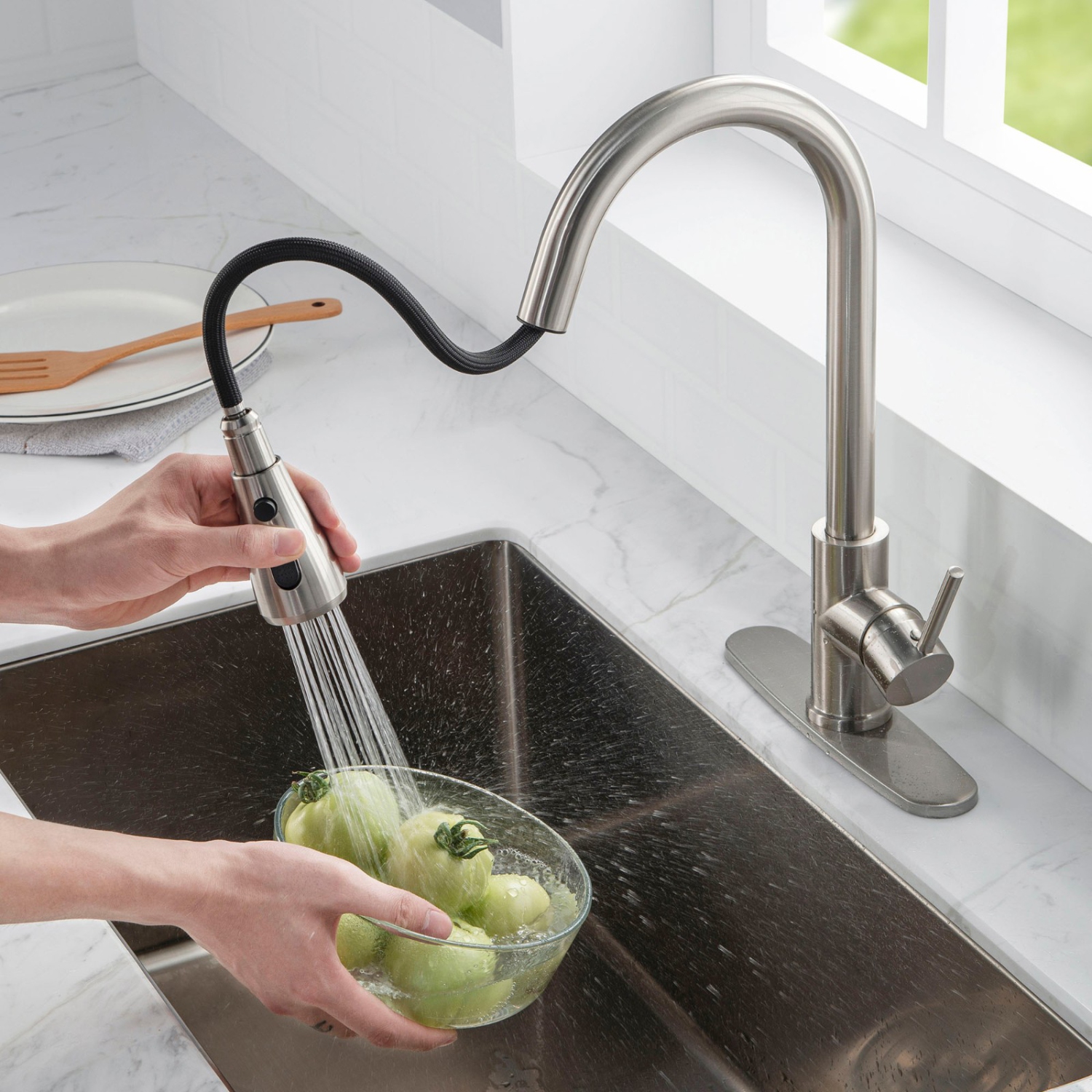 WOODBRIDGE Single Handle Pull Down Kitchen Faucet in Brushed Nickel Finish