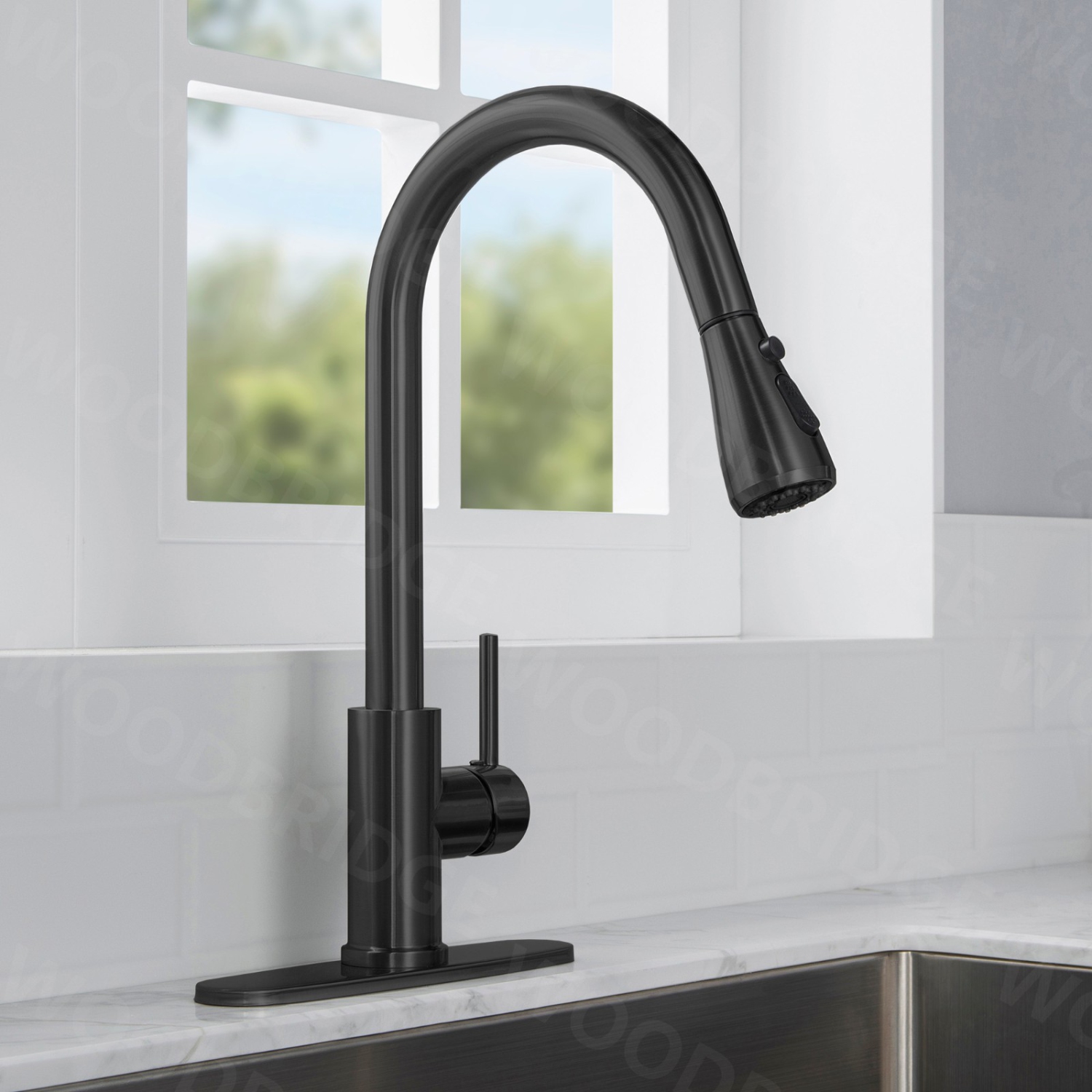 WOODBRIDGE Single Handle Pull Down Kitchen Faucet in Matte Black Finish.