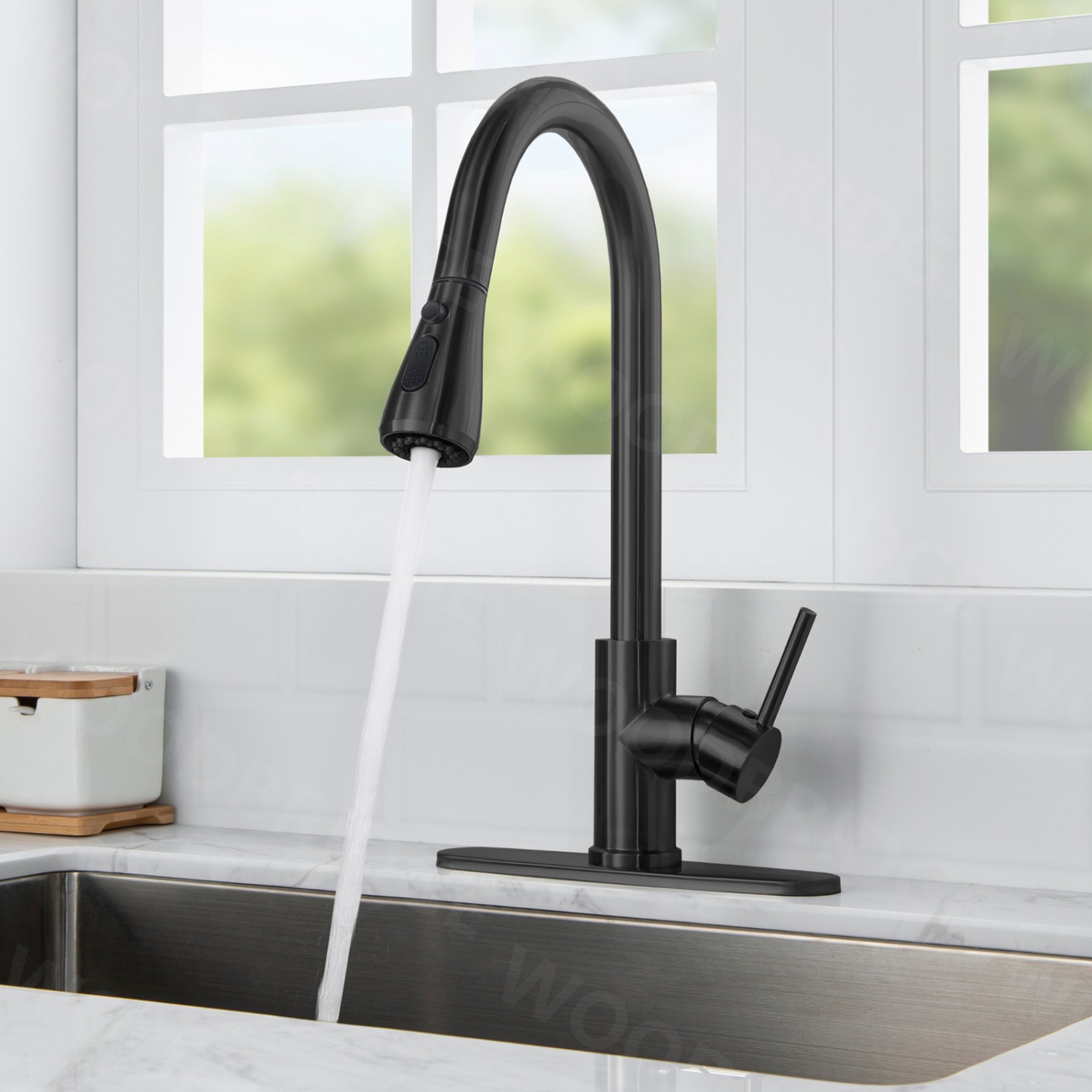 WOODBRIDGE Single Handle Pull Down Kitchen Faucet in Matte Black Finish.