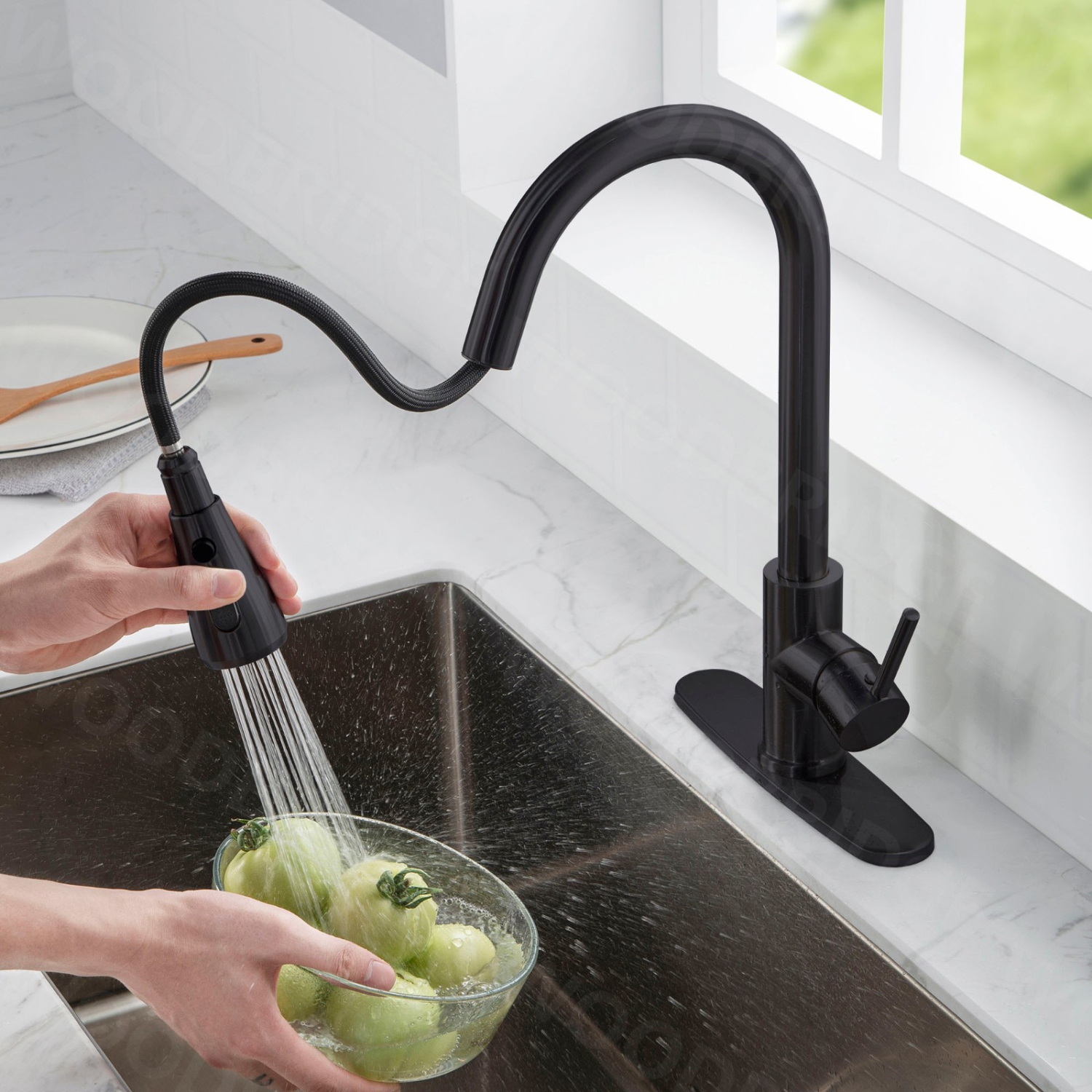 WOODBRIDGE Single Handle Pull Down Kitchen Faucet in Matte Black Finish.