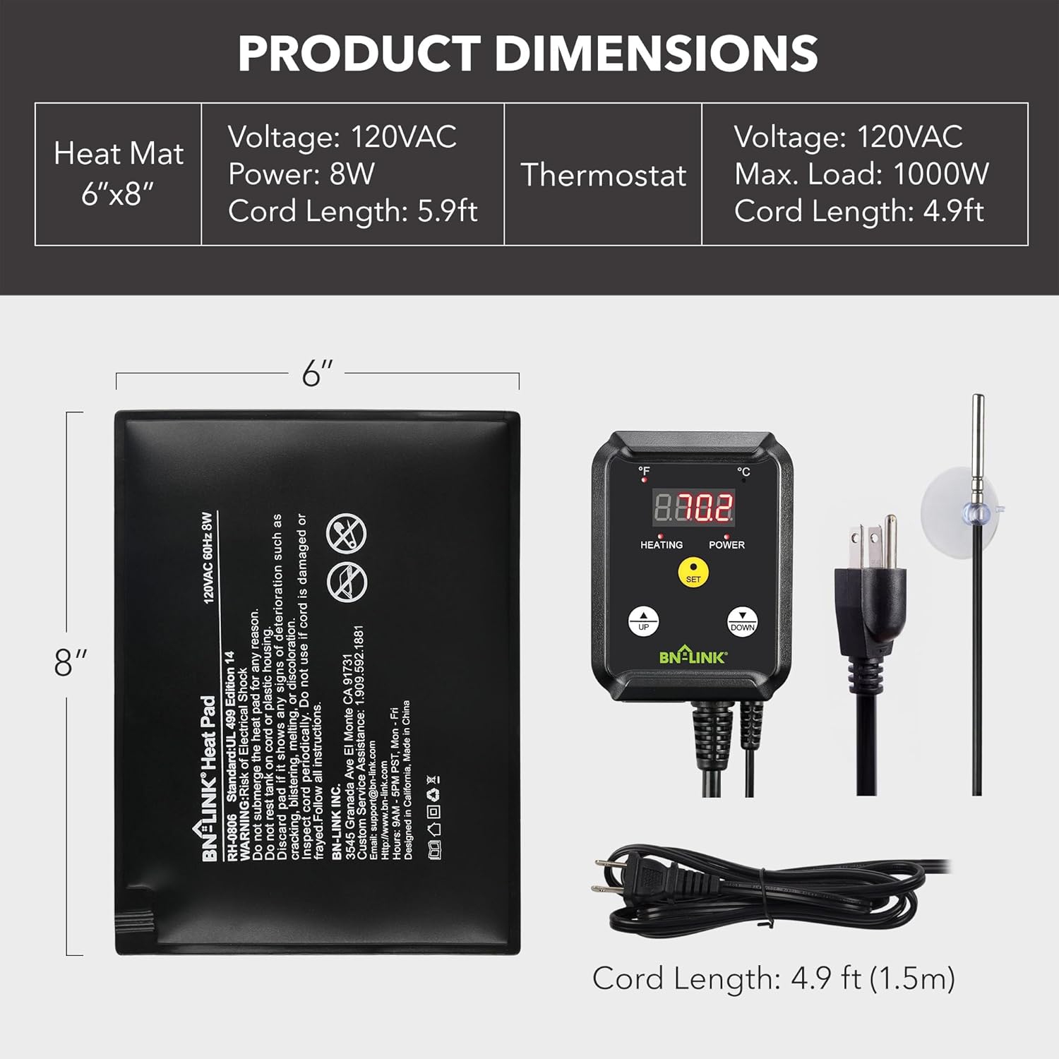 BN-LINK – Coussin chauffant pour reptile de 6 x 8&nbsp;po avec thermostat numérique – Chaufferette sous le réservoir pour tortues, lézards,