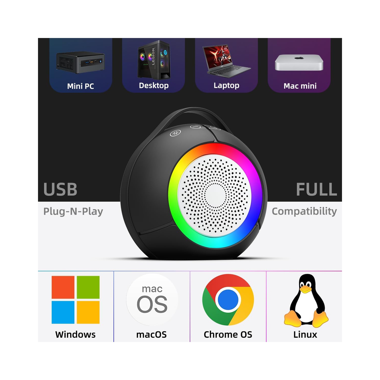 USB Computer Speaker for Desktop PC,Portable Plug-N-Play Laptop Speakers with Dynamic RGB Light,Clear Sound,Deep Bass,Touch Control,Compatible with