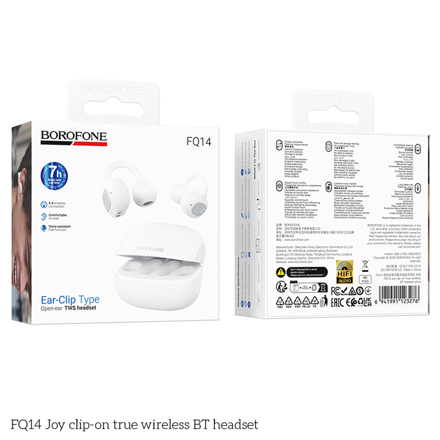Casque d'écoute Bluetooth 100 % sans fil à pince T1 de BOROFONE, blanc